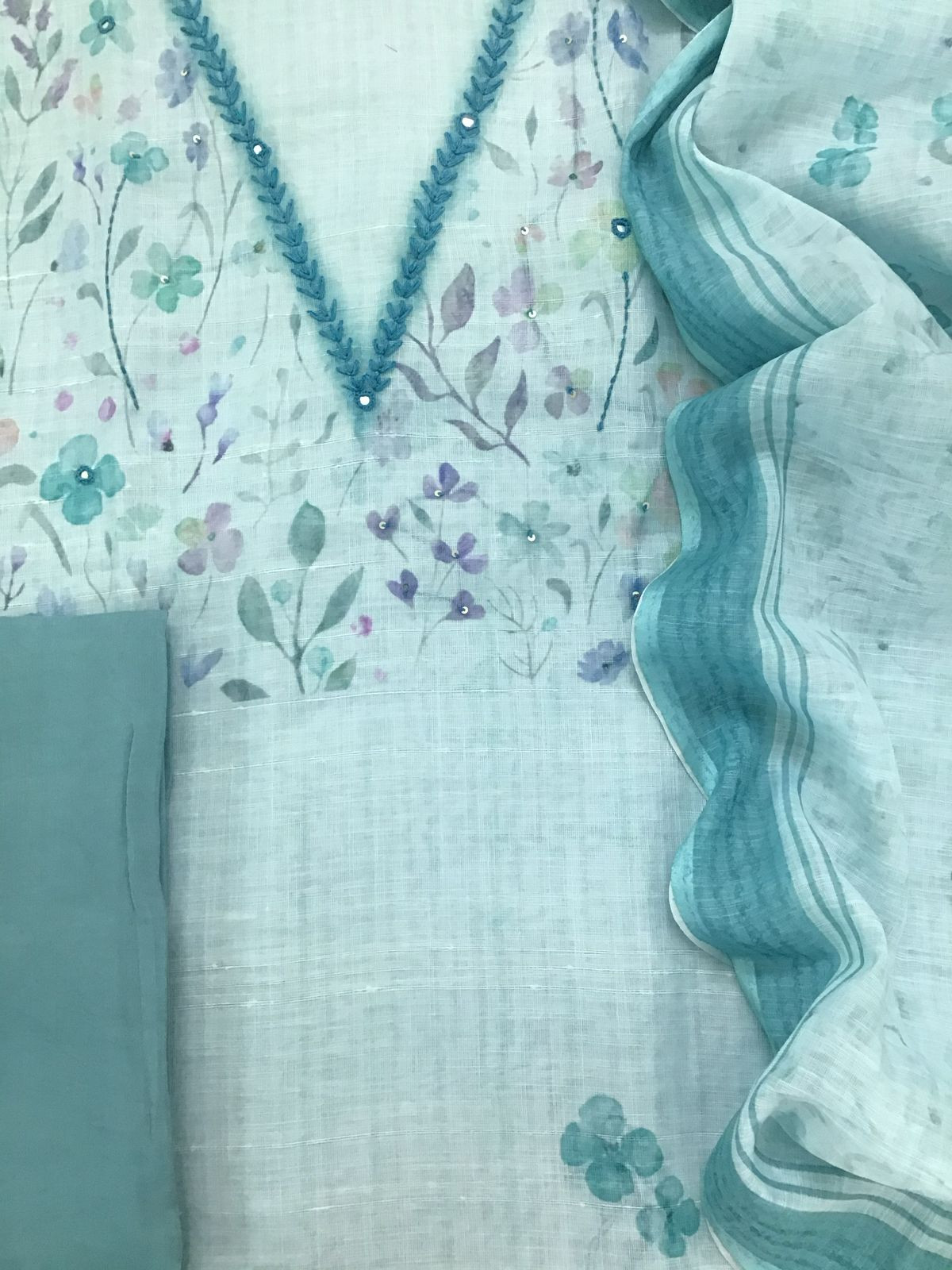 Soft Linen Jute Cotton Printed Embroidered Suit - Blue