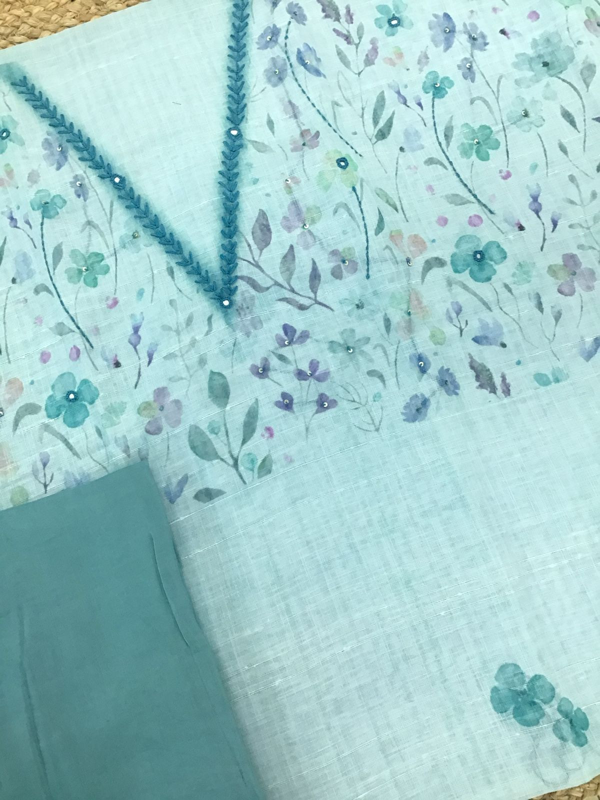 Soft Linen Jute Cotton Printed Embroidered Suit - Blue