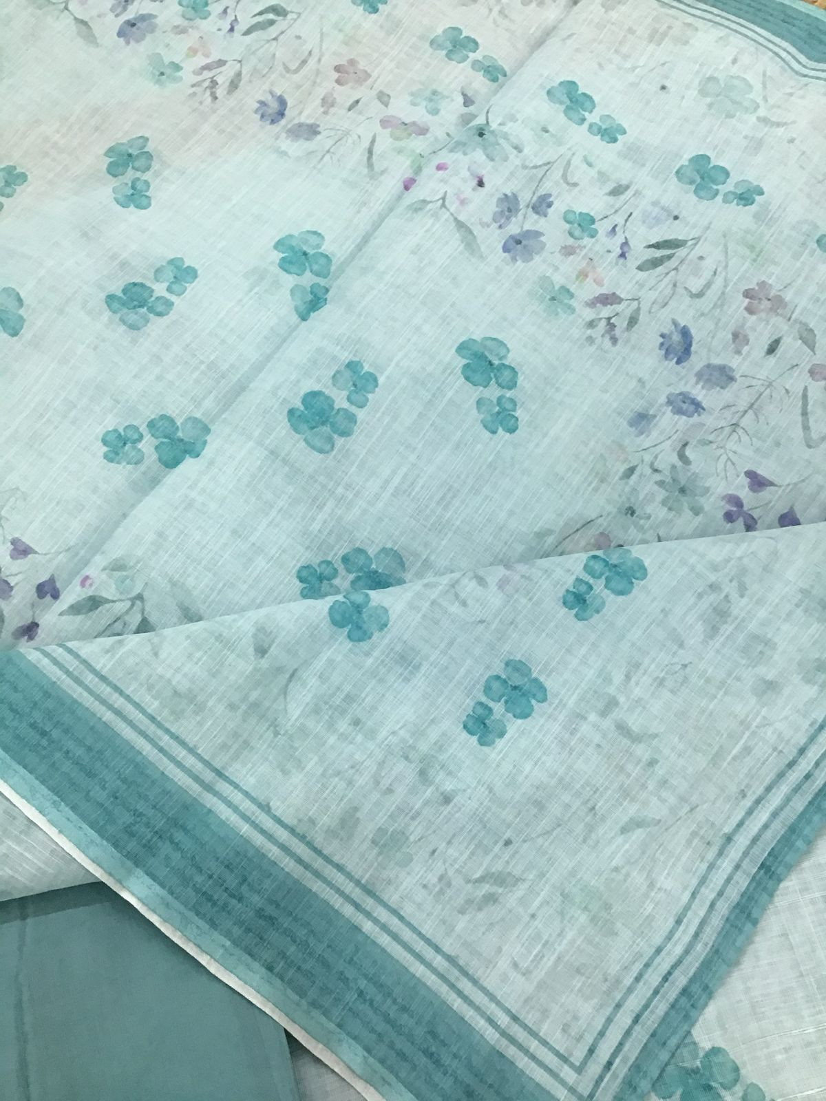 Soft Linen Jute Cotton Printed Embroidered Suit - Blue