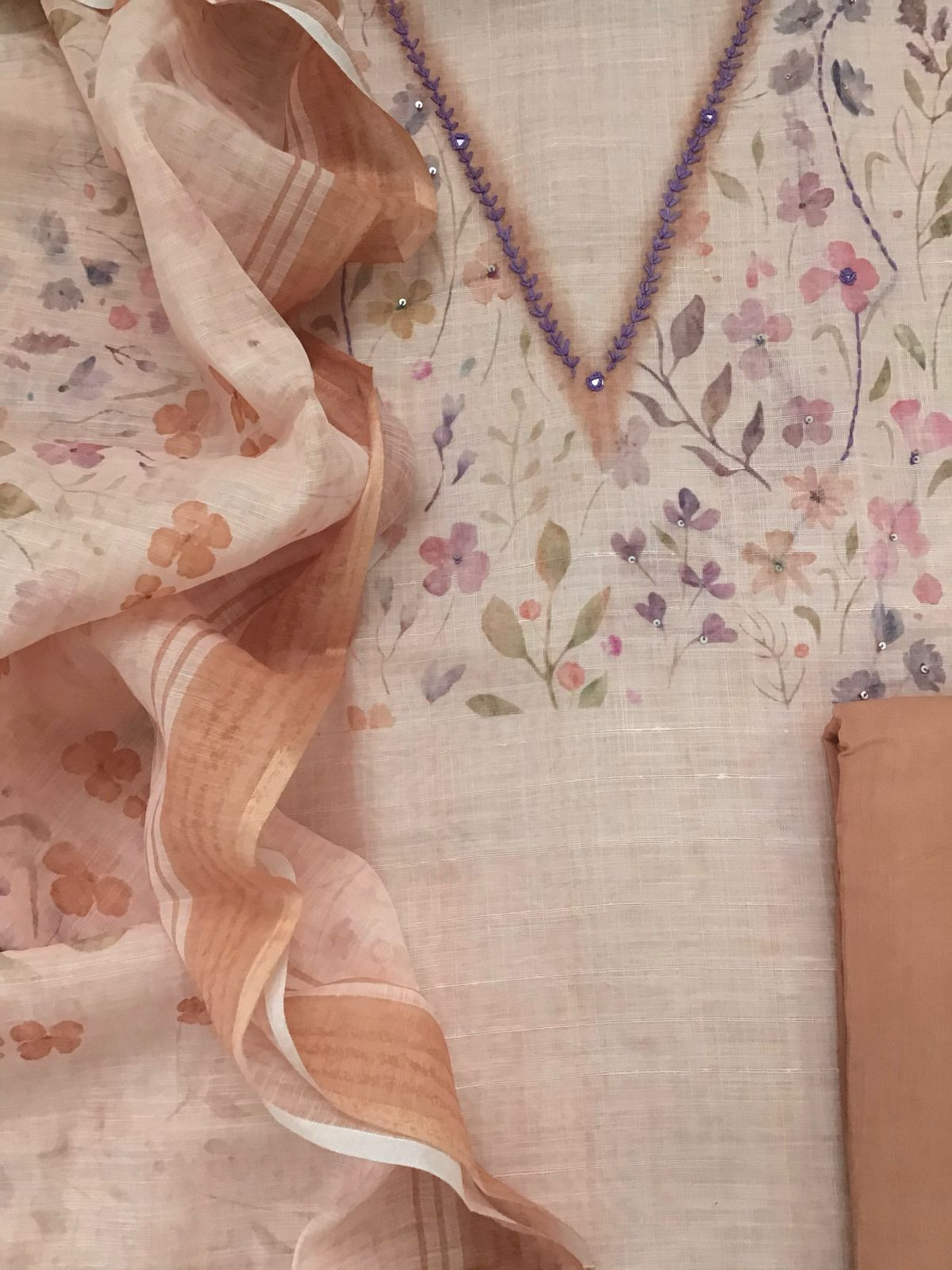 Soft Linen Jute Cotton Printed Embroidered Suit - Peach