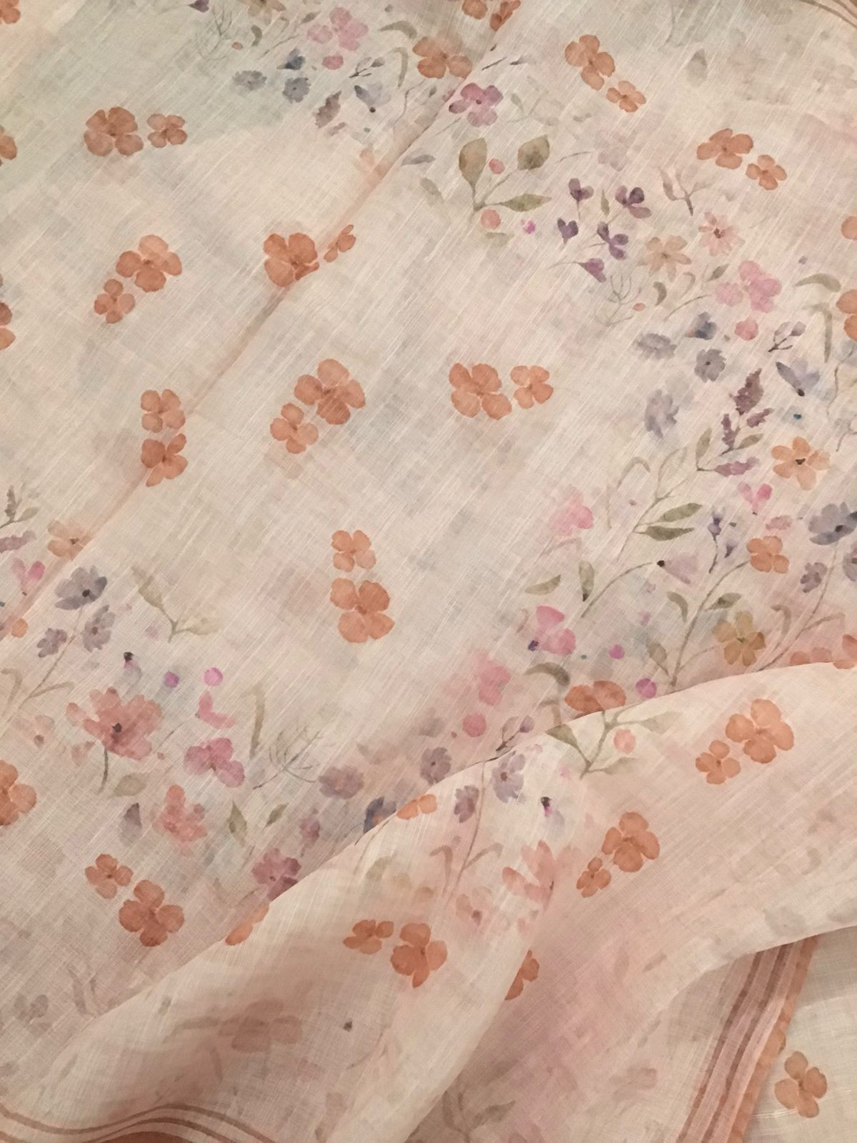 Soft Linen Jute Cotton Printed Embroidered Suit - Peach