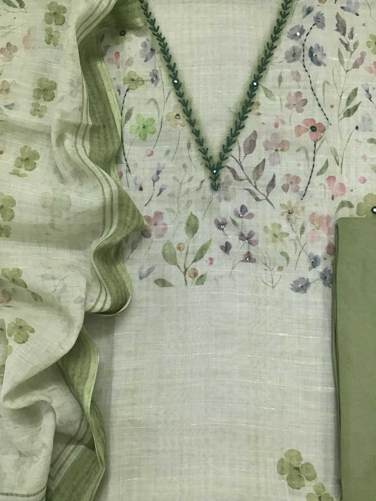 Soft Linen Jute Cotton Printed Embroidered Suit - Green