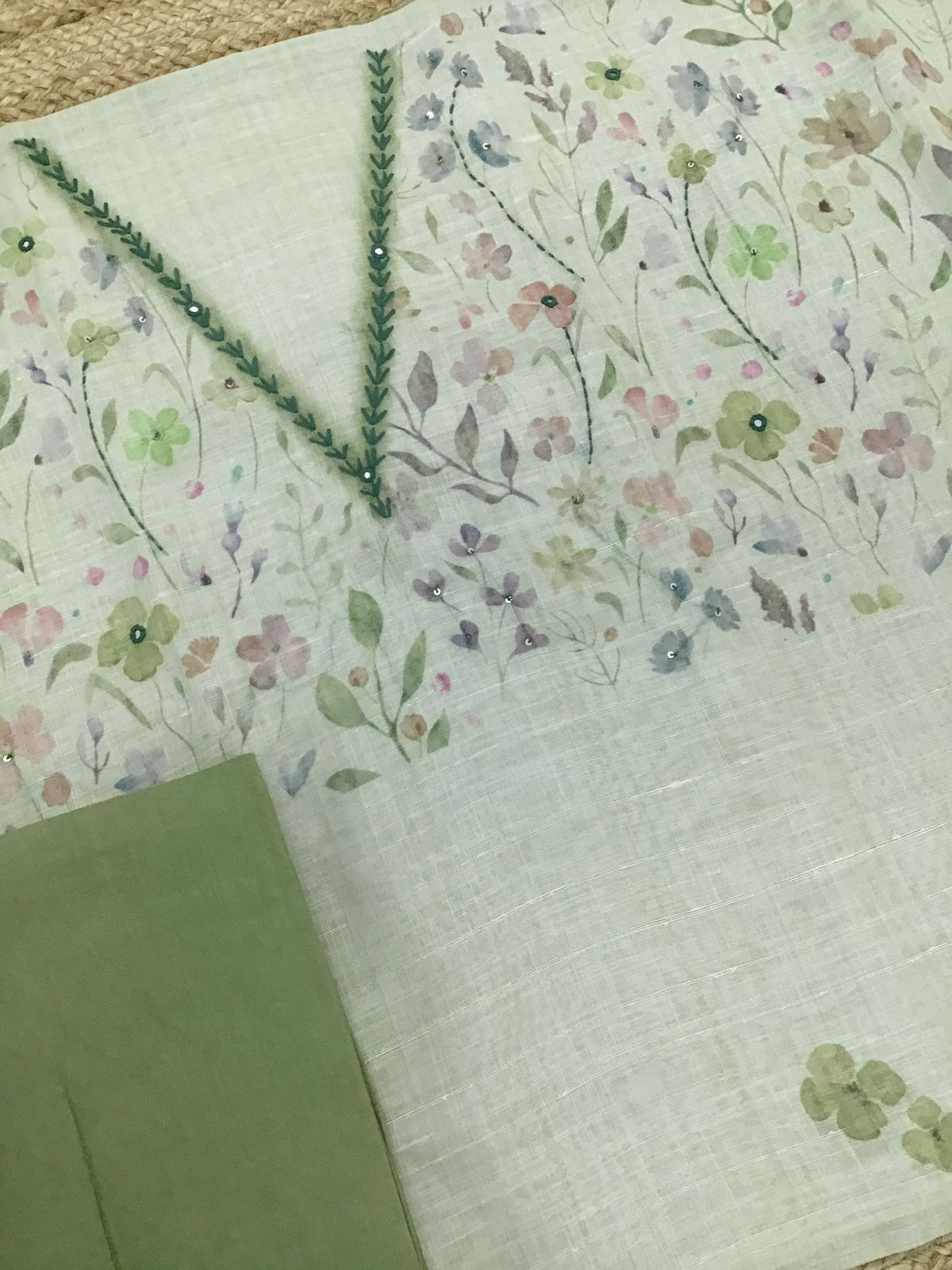 Soft Linen Jute Cotton Printed Embroidered Suit - Green