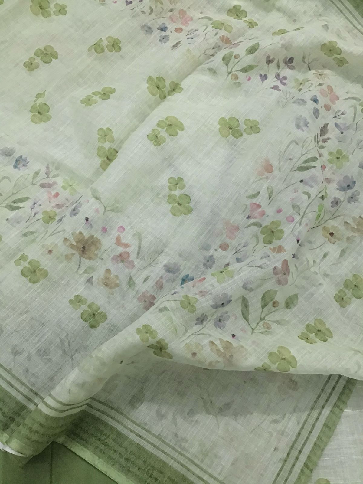 Soft Linen Jute Cotton Printed Embroidered Suit - Green