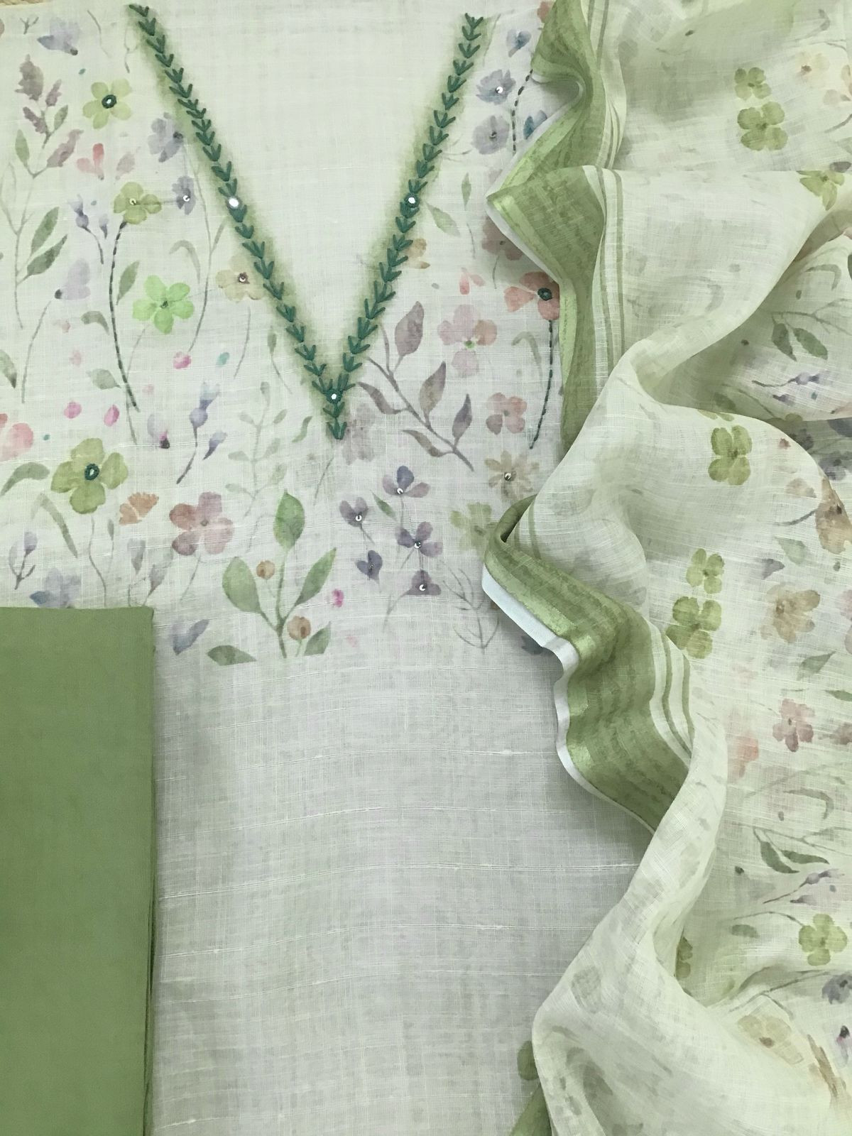 Soft Linen Jute Cotton Printed Embroidered Suit - Green