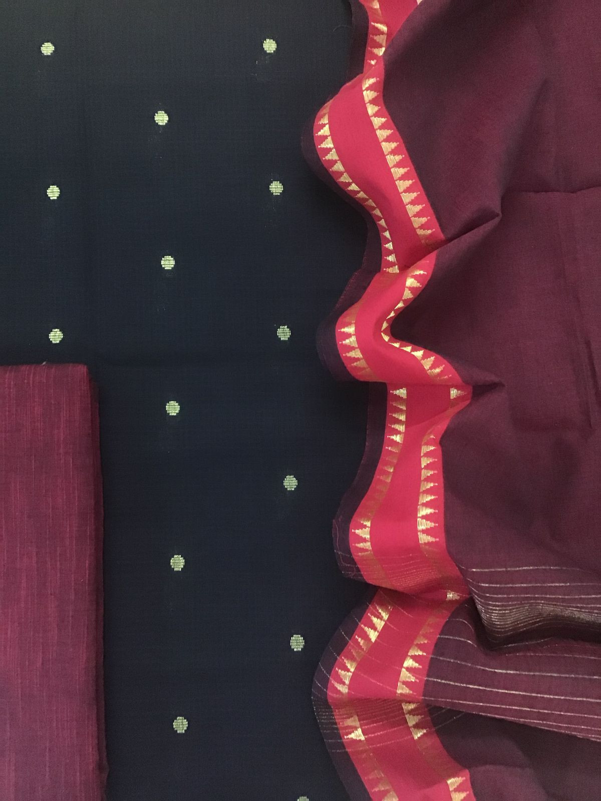 Pure Handloom Cotton Self Weaved Suit - Black