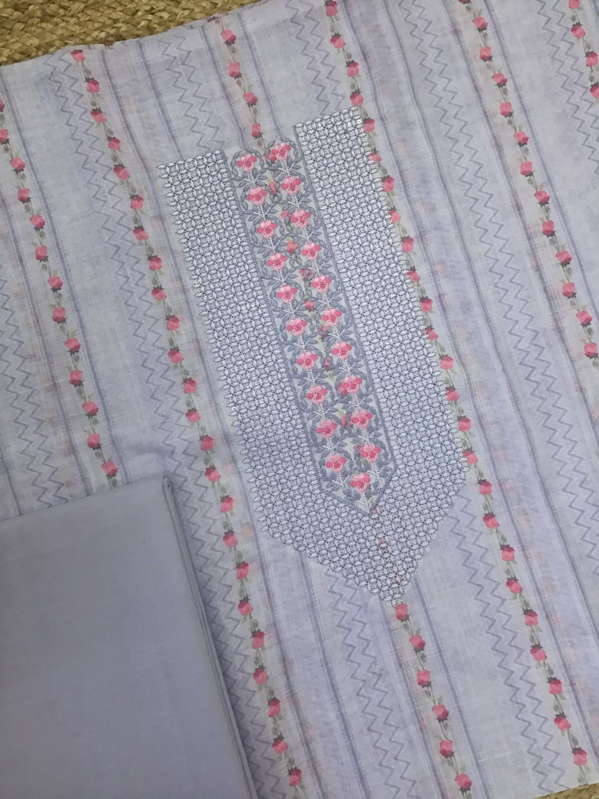 Soft Linen Jute Cotton Printed Embroidered Suit - Lavender