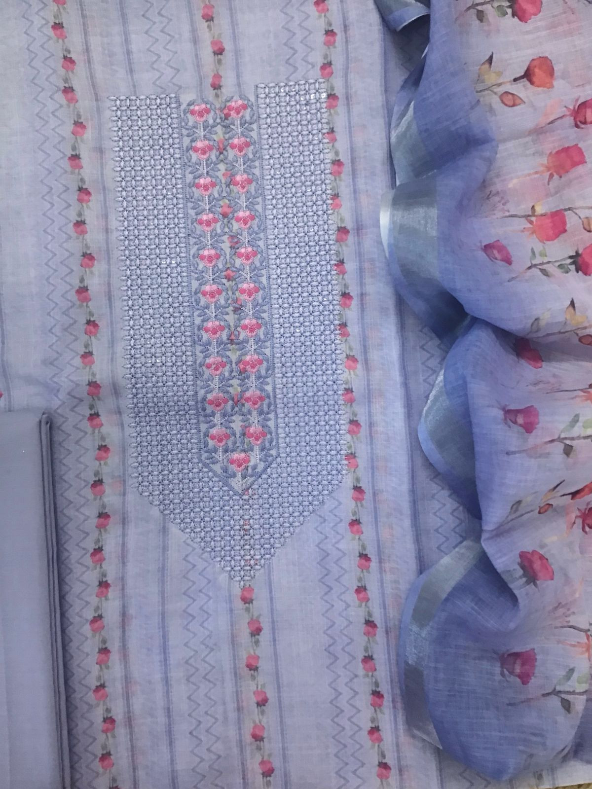 Soft Linen Jute Cotton Printed Embroidered Suit - Lavender