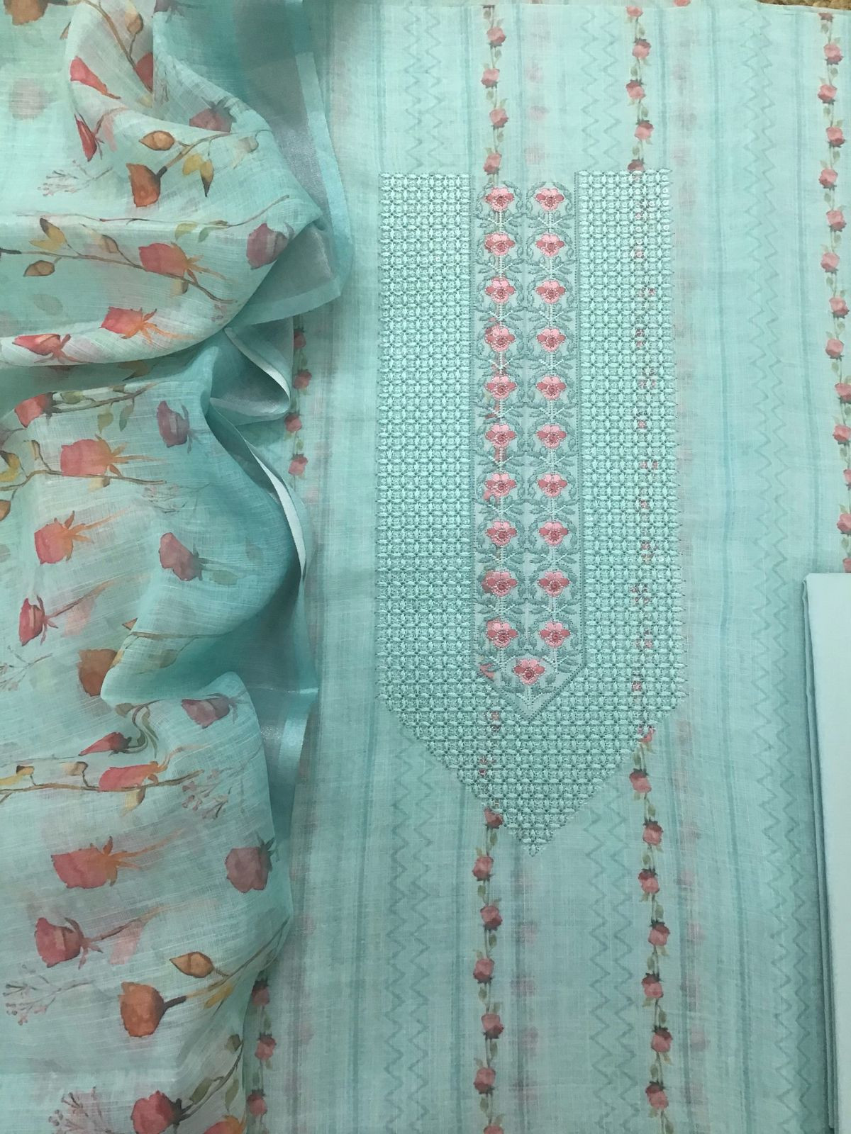 Soft Linen Jute Cotton Printed Embroidered Suit - Sea Blue