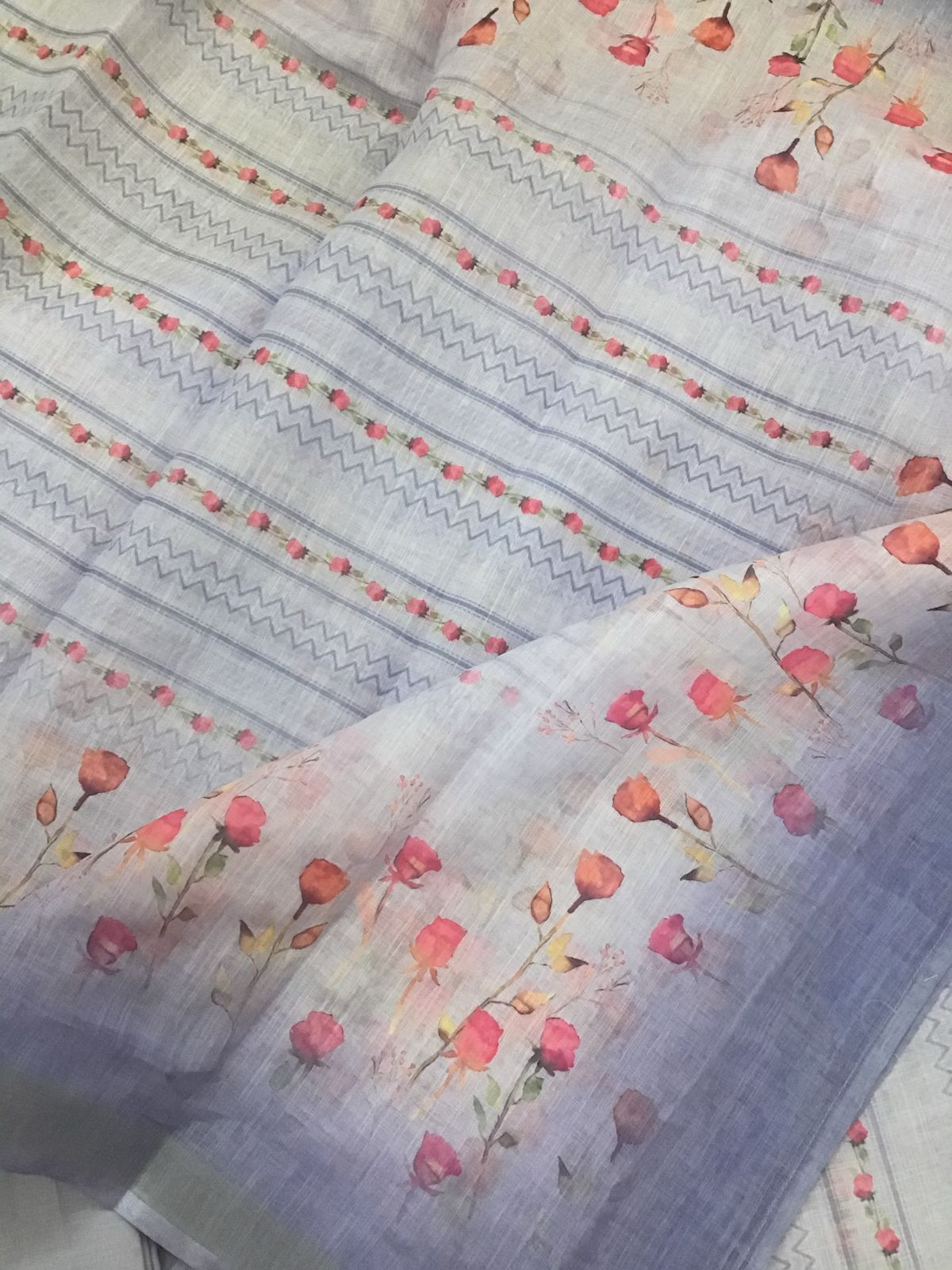 Soft Linen Jute Cotton Printed Embroidered Suit - Lavender