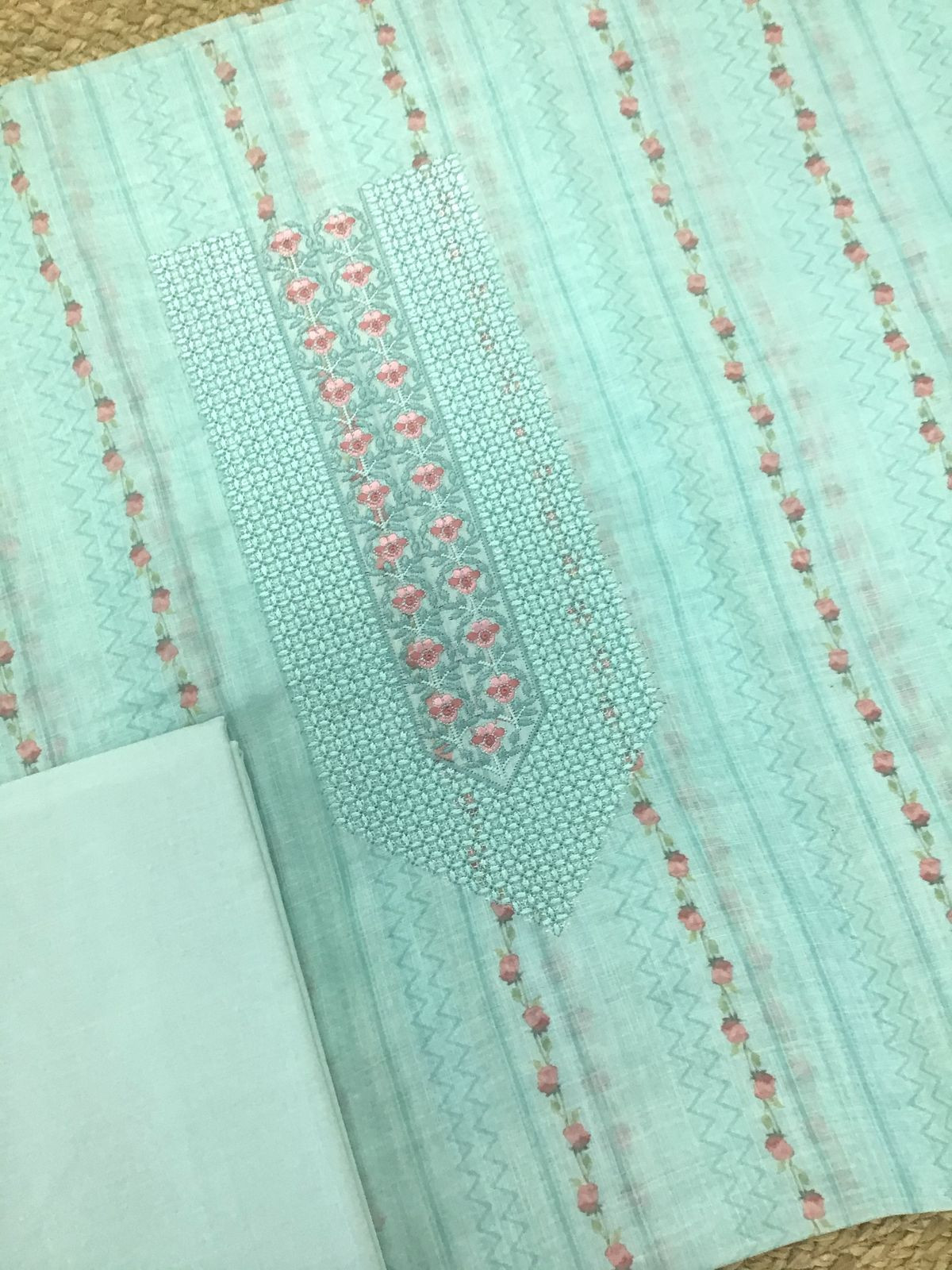 Soft Linen Jute Cotton Printed Embroidered Suit - Sea Blue