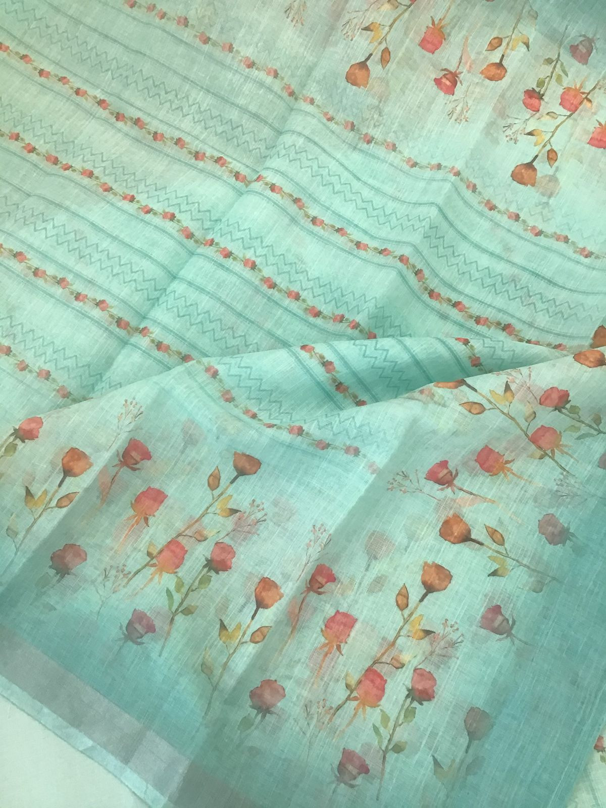 Soft Linen Jute Cotton Printed Embroidered Suit - Sea Blue