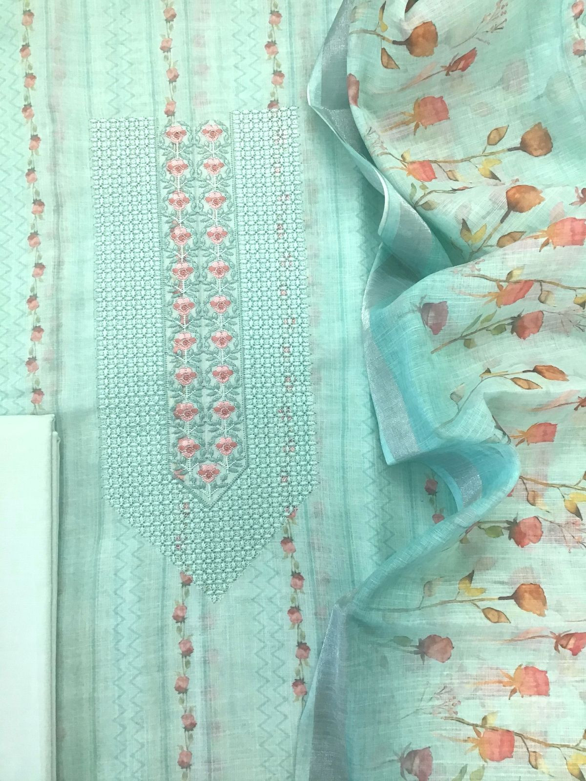 Soft Linen Jute Cotton Printed Embroidered Suit - Sea Blue