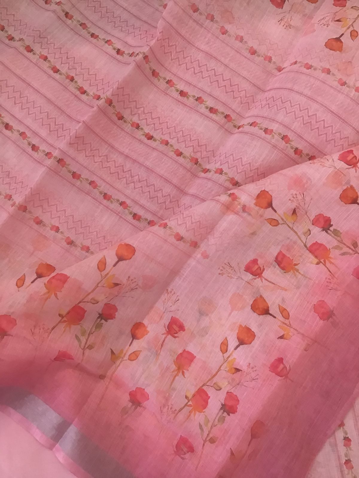 Soft Linen Jute Cotton Printed Embroidered Suit - Pink
