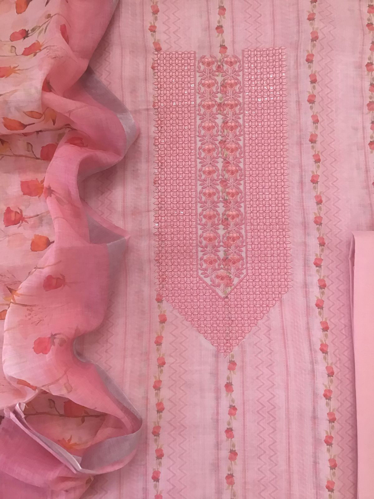 Soft Linen Jute Cotton Printed Embroidered Suit - Pink