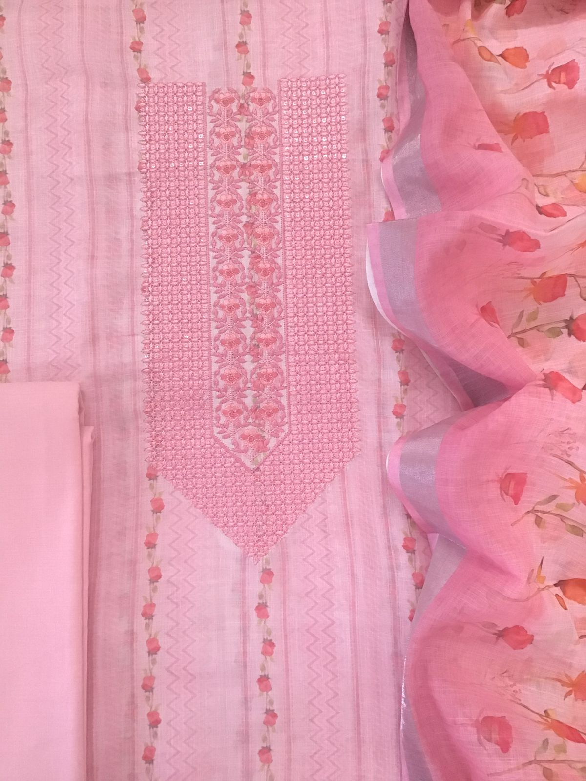 Soft Linen Jute Cotton Printed Embroidered Suit - Pink