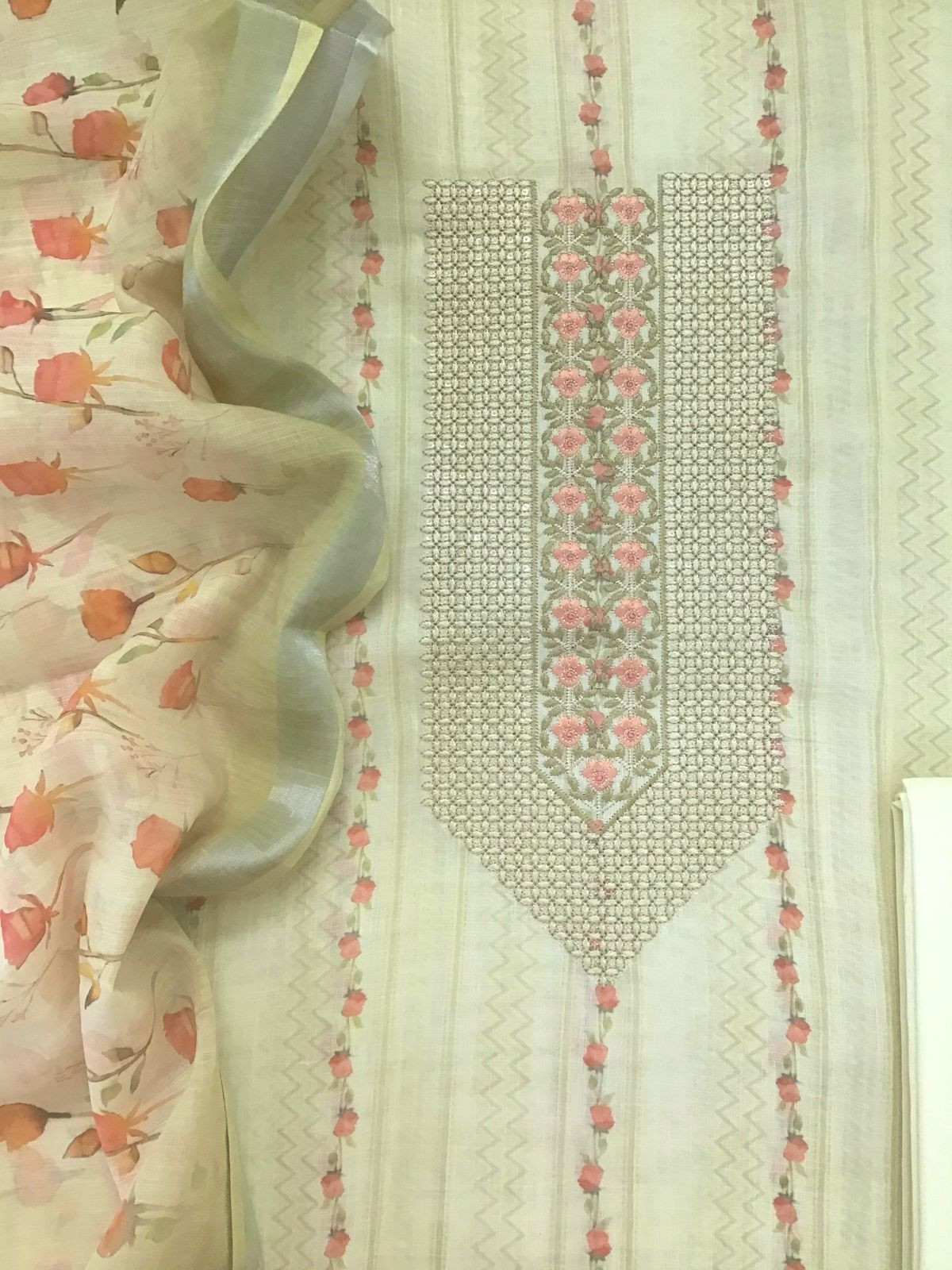 Soft Linen Jute Cotton Printed Embroidered Suit - Yellow