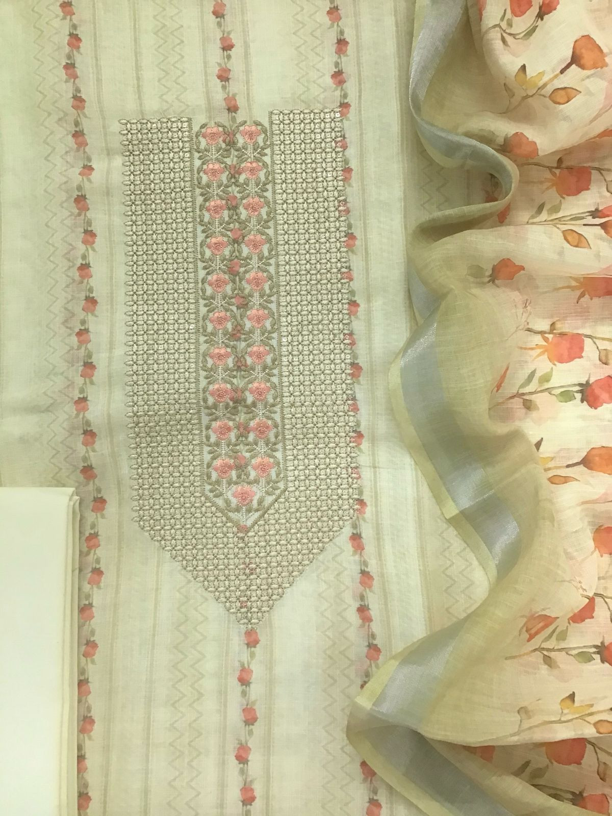 Soft Linen Jute Cotton Printed Embroidered Suit - Yellow