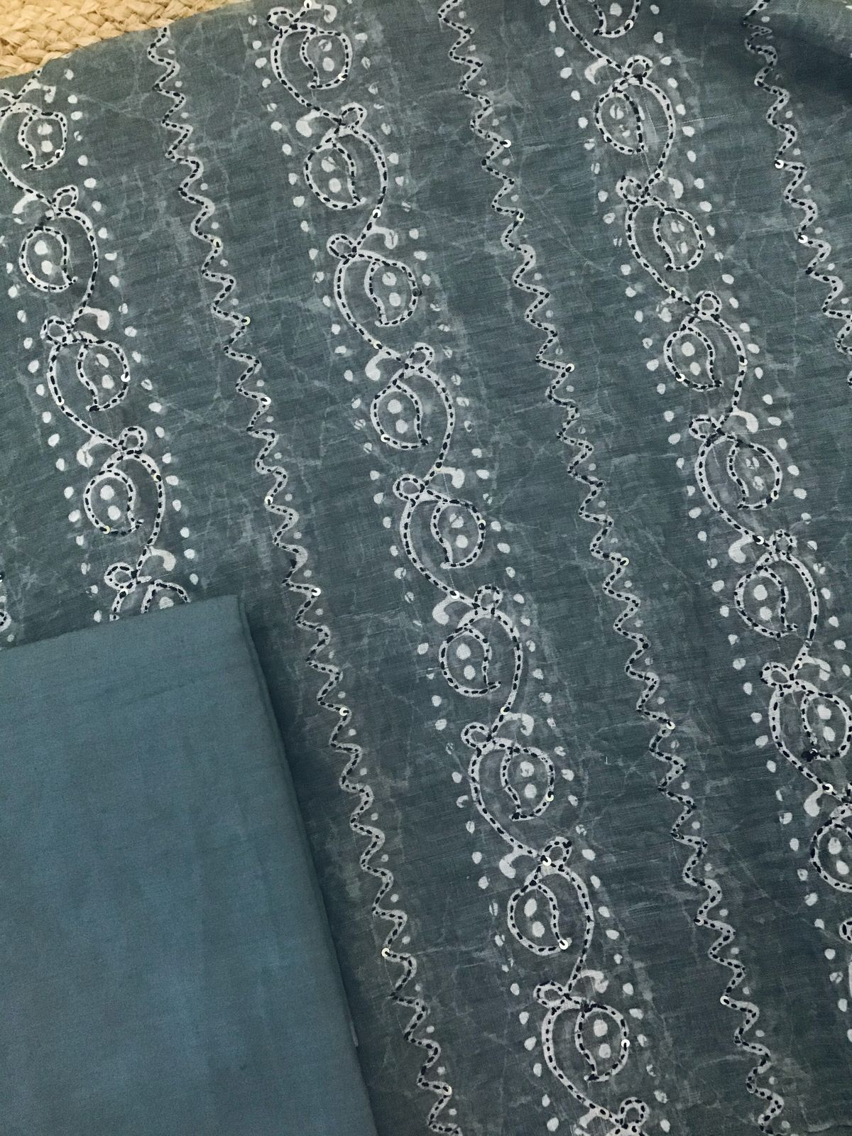 Soft Semi Jute Cotton Printed Embroidered Suit - Grey