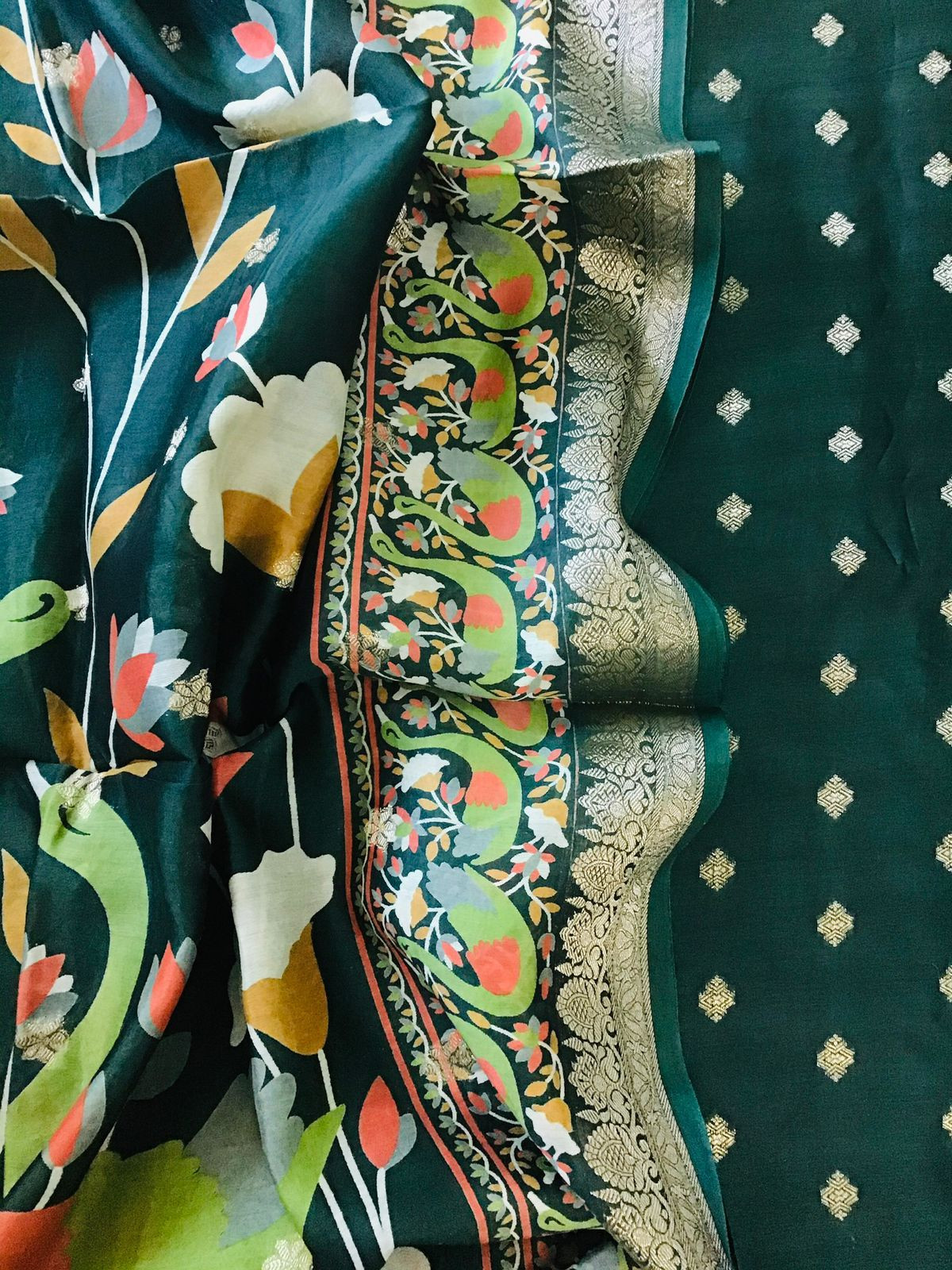 Pure Chanderi Printed Banarasi Weaved Suit - Green