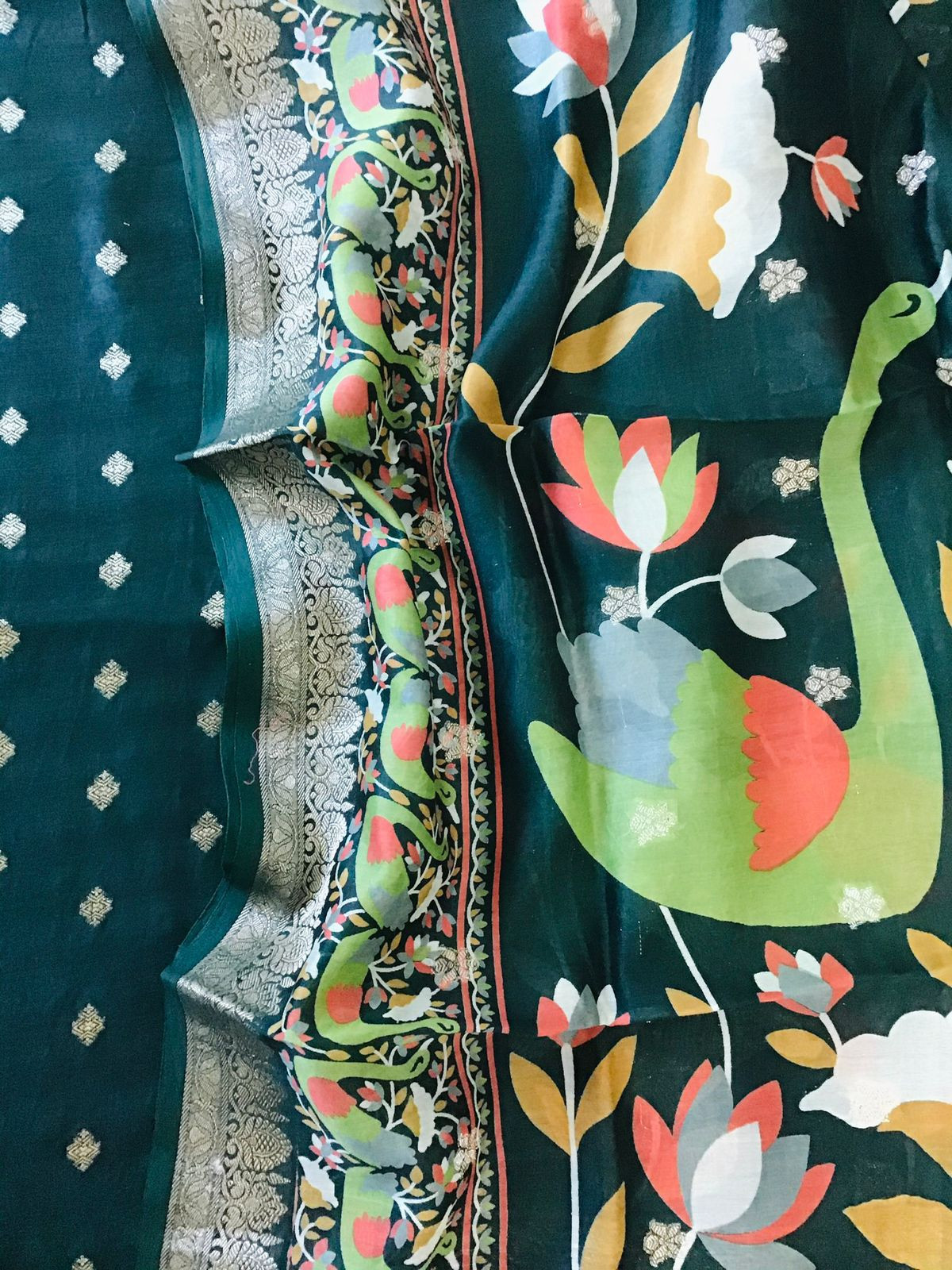 Pure Chanderi Printed Banarasi Weaved Suit - Green