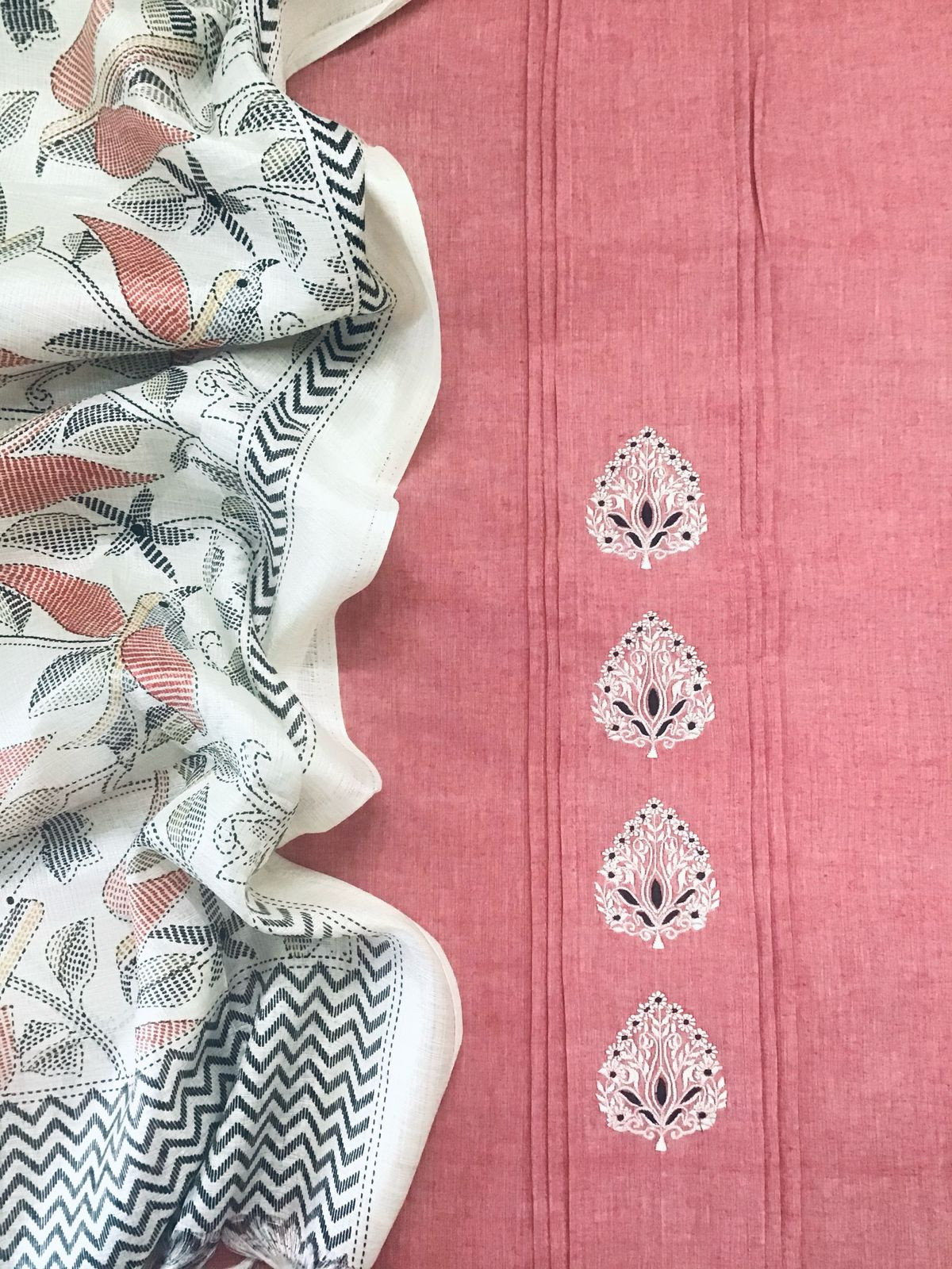 Pure Handloom Cotton Printed Embroidered Suit - Pink