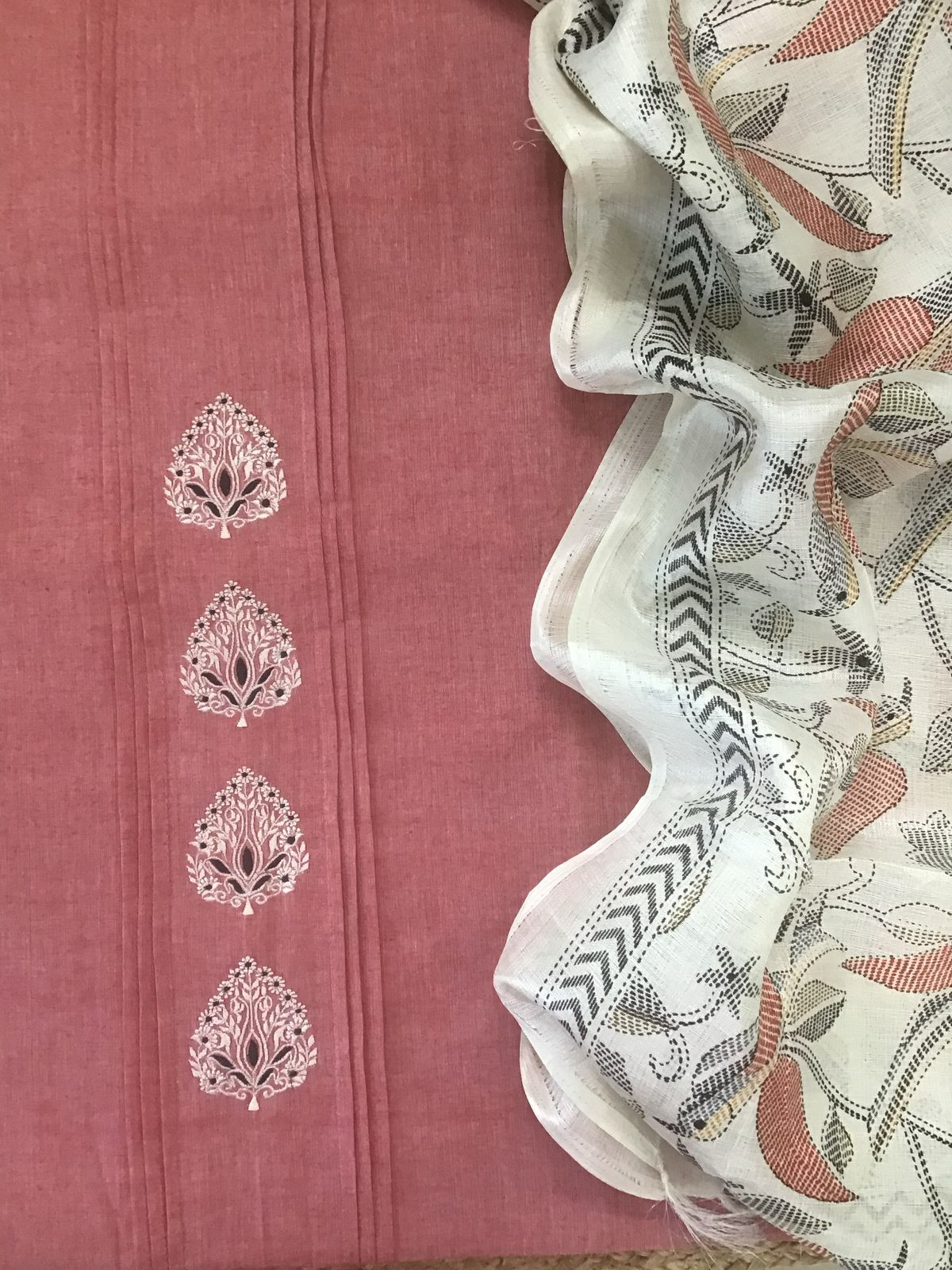 Pure Handloom Cotton Printed Embroidered Suit - Pink