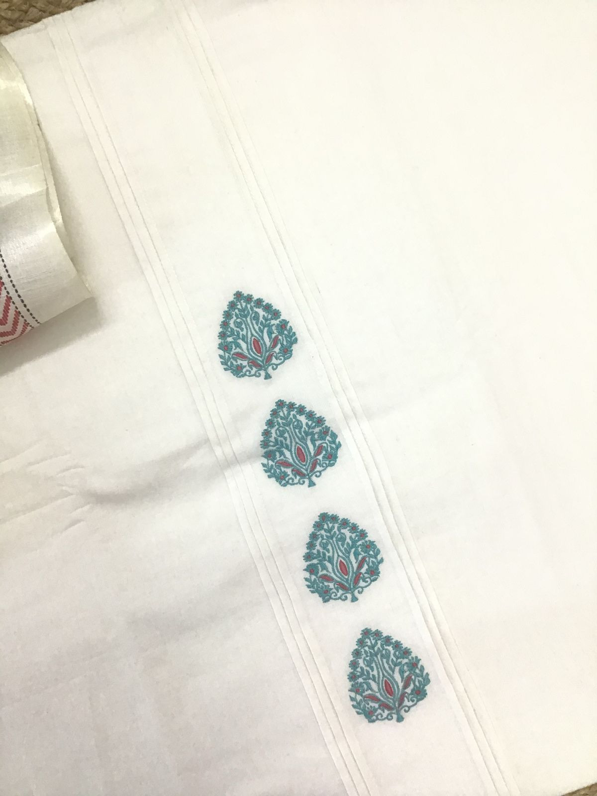 Pure Handloom Cotton Printed Embroidered Suit - Off White