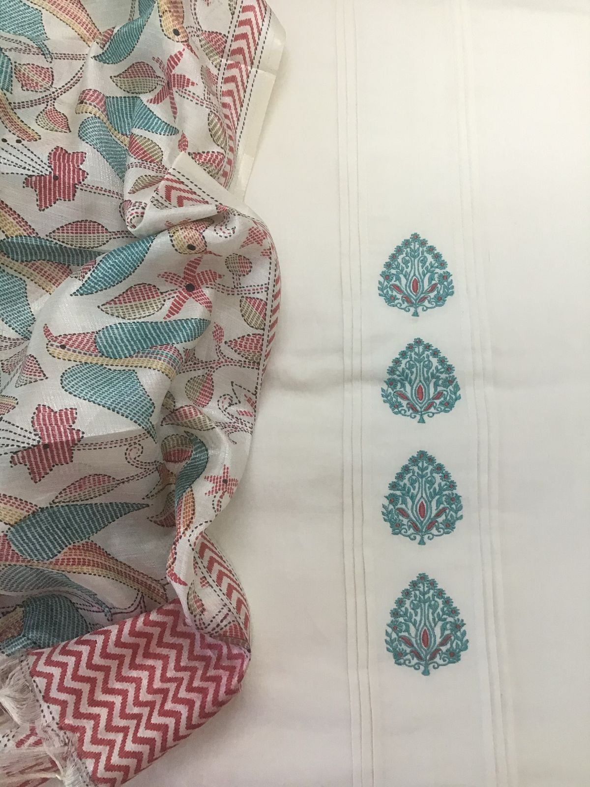 Pure Handloom Cotton Printed Embroidered Suit - Off White