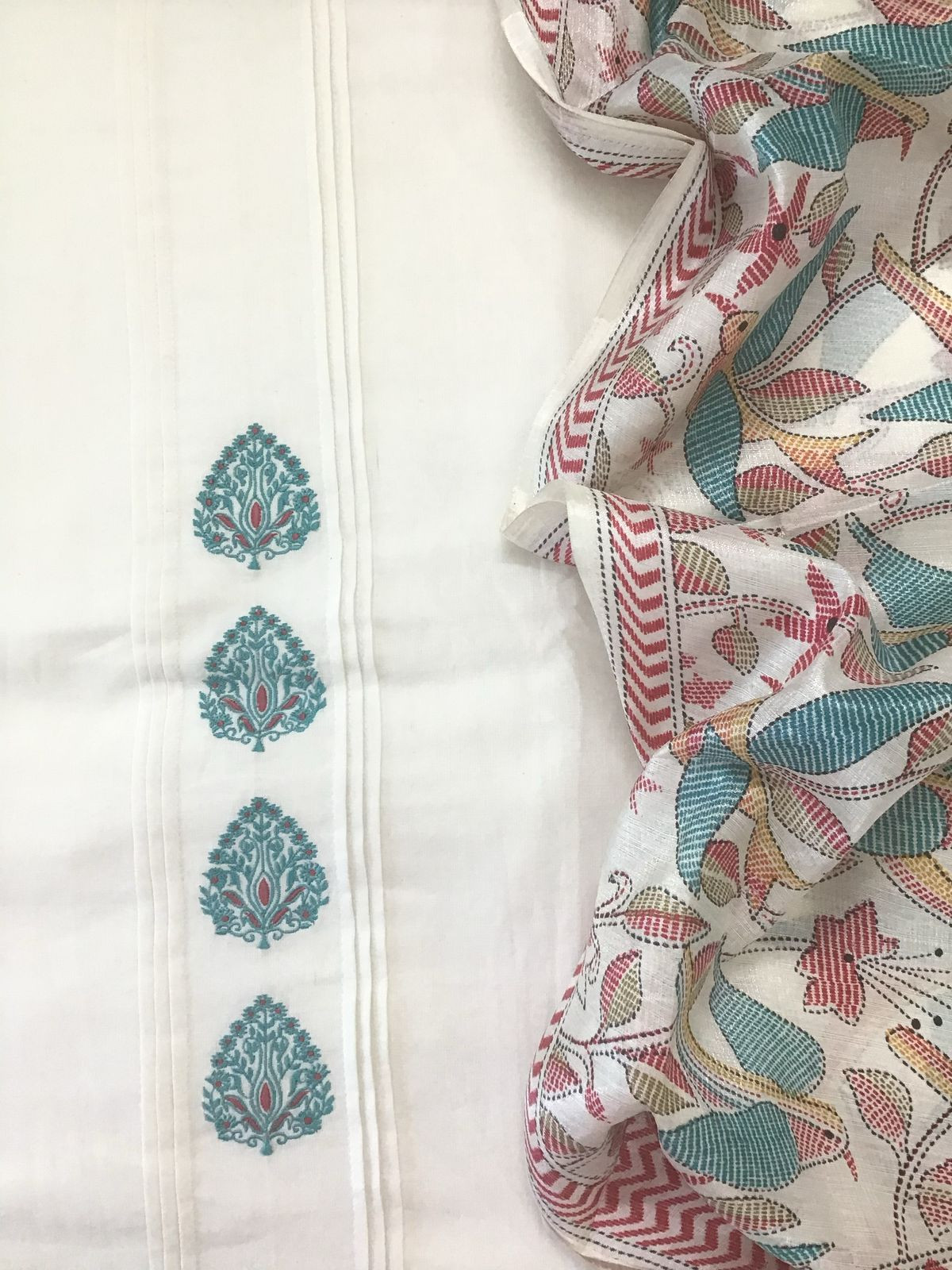 Pure Handloom Cotton Printed Embroidered Suit - Off White
