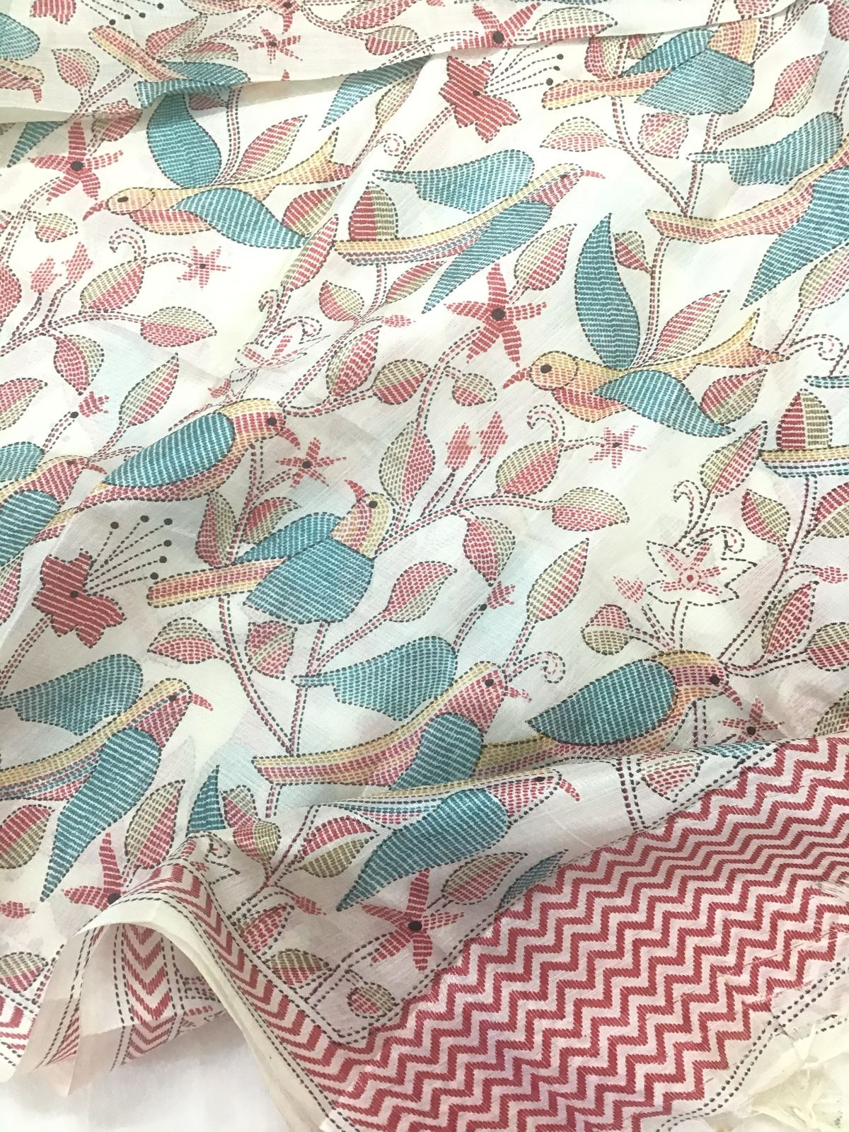 Pure Handloom Cotton Printed Embroidered Suit - Off White