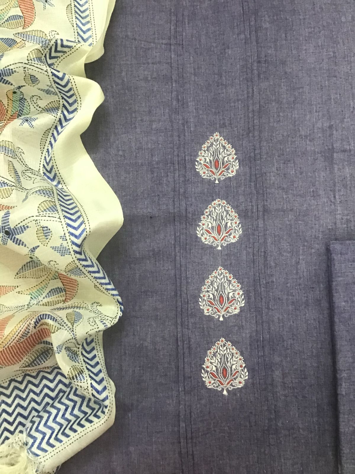 Pure Handloom Cotton Printed Embroidered Suit - Bluish Purple