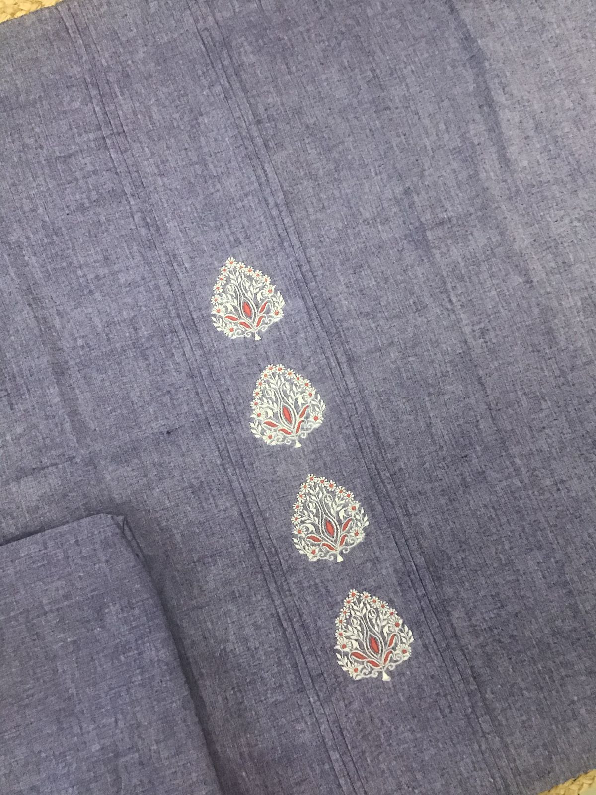 Pure Handloom Cotton Printed Embroidered Suit - Bluish Purple