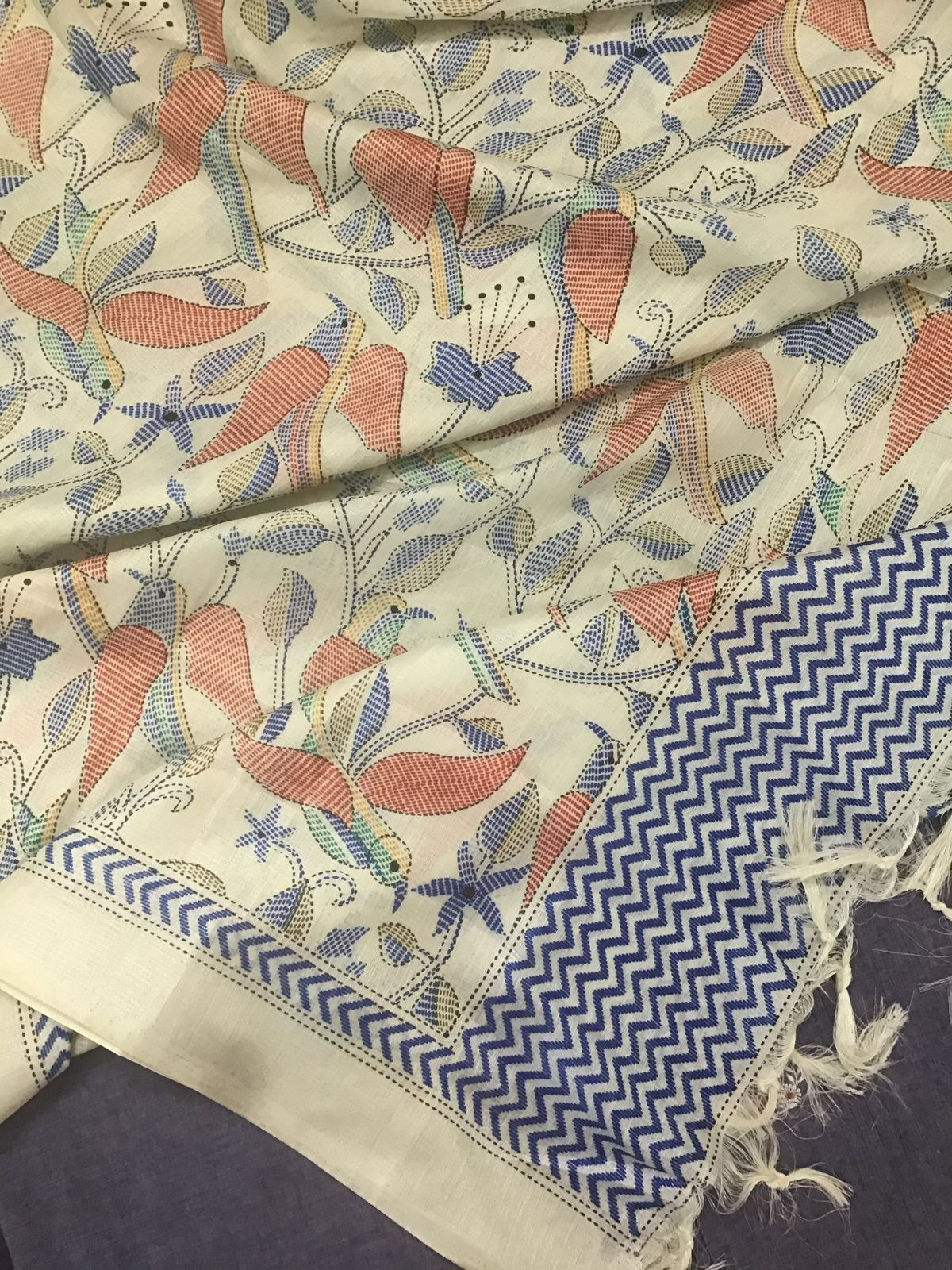 Pure Handloom Cotton Printed Embroidered Suit - Bluish Purple