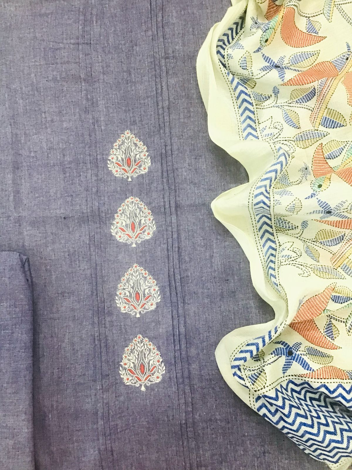 Pure Handloom Cotton Printed Embroidered Suit - Bluish Purple