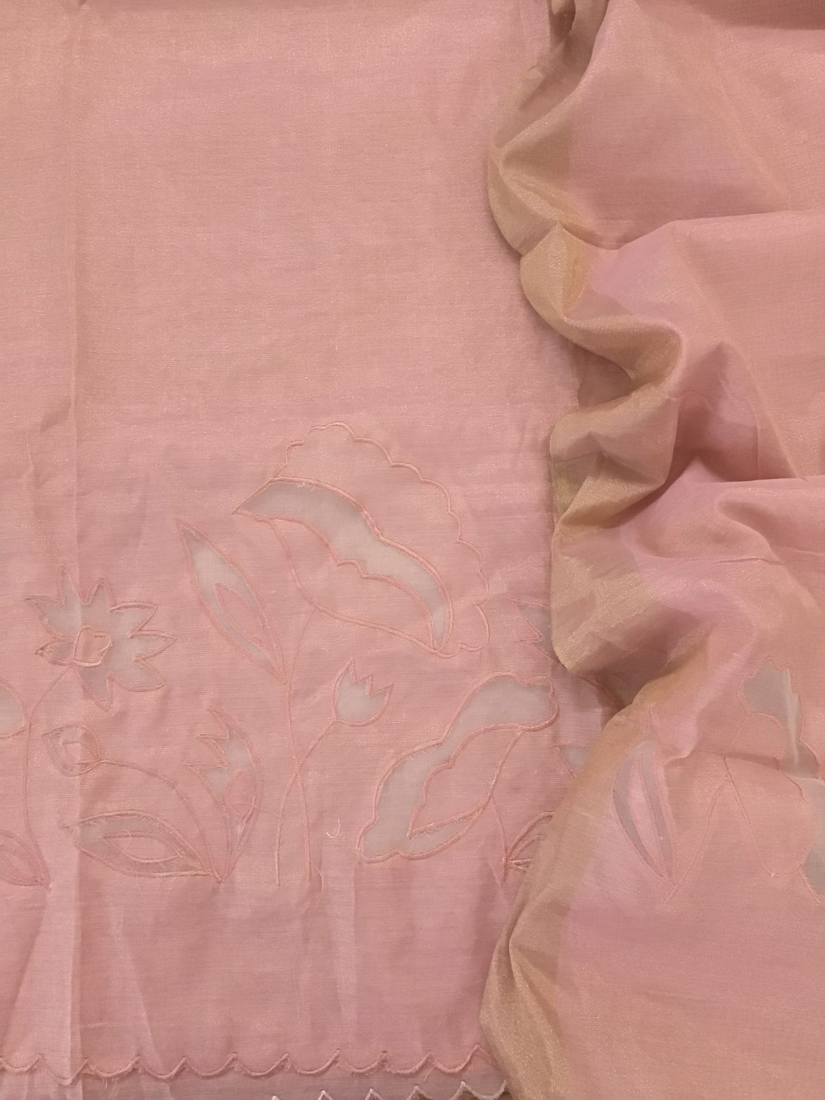 Soft Tissue Chanderi Embroidered Suit - Peach