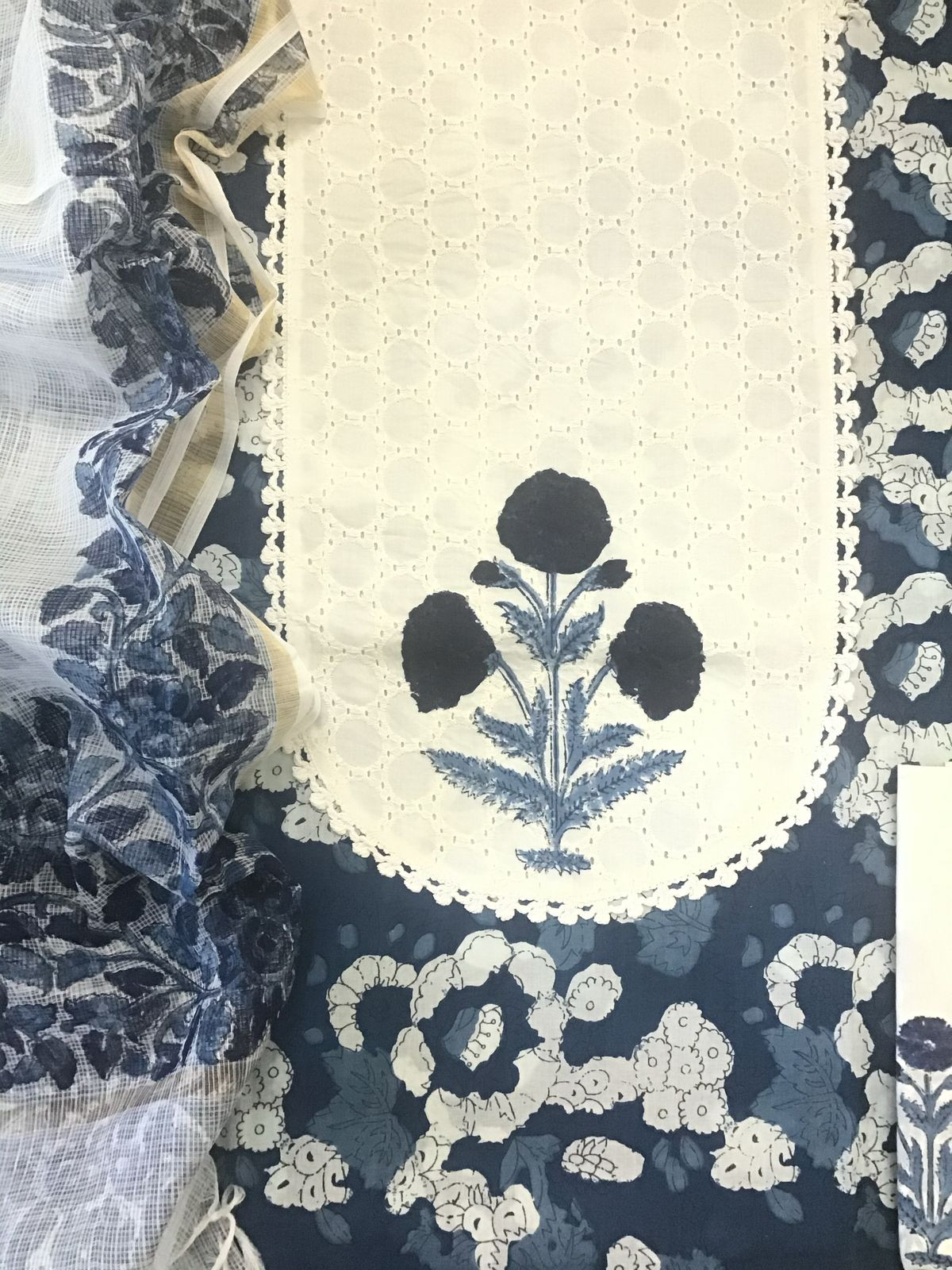 Pure Cotton Printed Embroidered Suit - Indigo