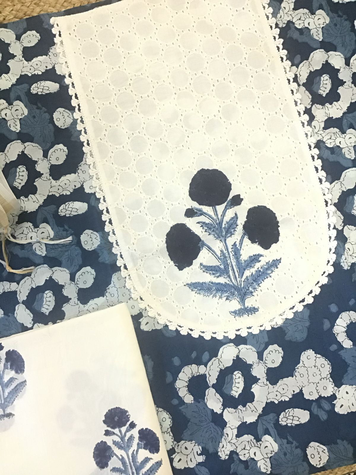 Pure Cotton Printed Embroidered Suit - Indigo