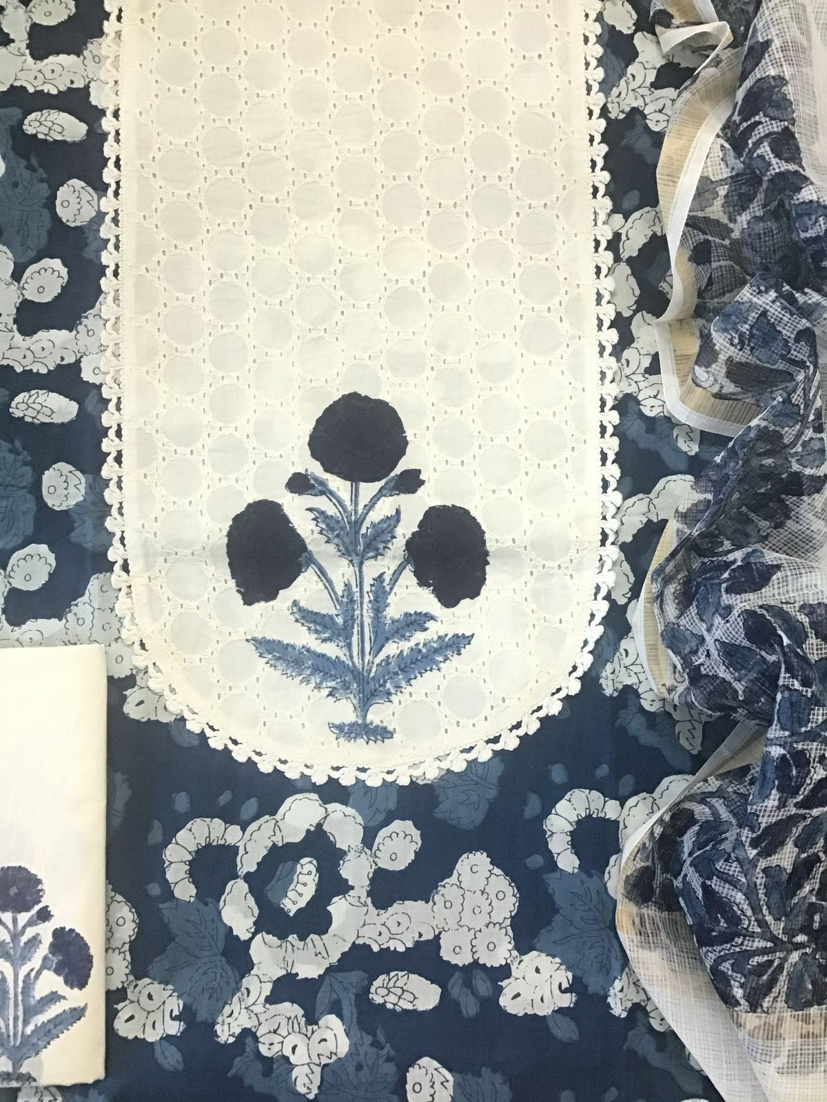 Pure Cotton Printed Embroidered Suit - Indigo