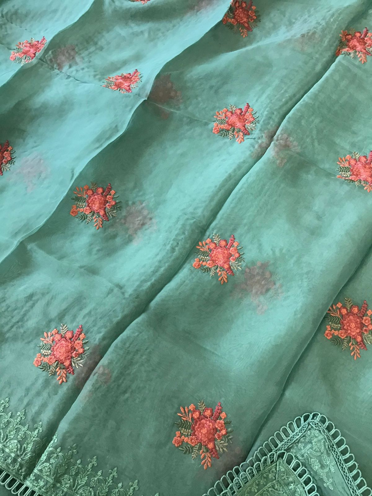 Pure Organza Embroidered Suit - Green