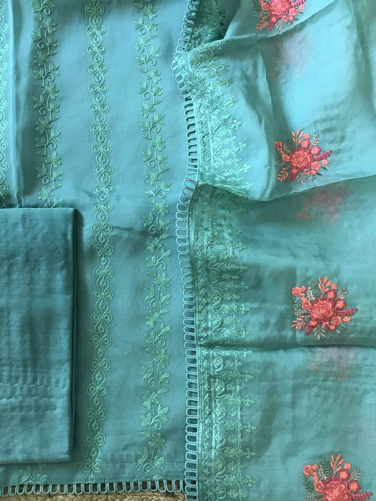 Pure Organza Embroidered Suit - Green