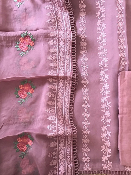 Image of Pure Organza Embroidered Suit - Onion Pink