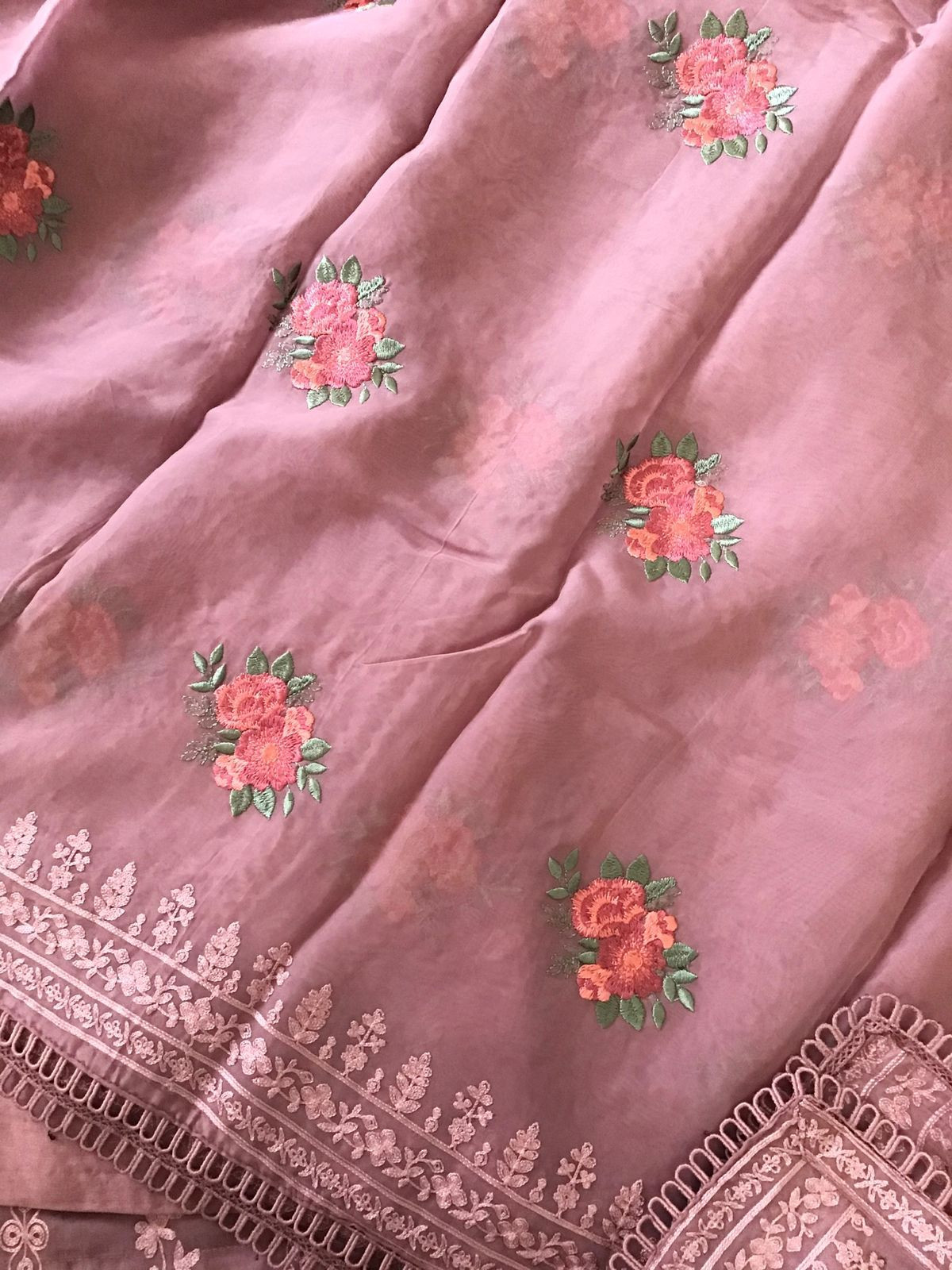 Pure Organza Embroidered Suit - Onion Pink