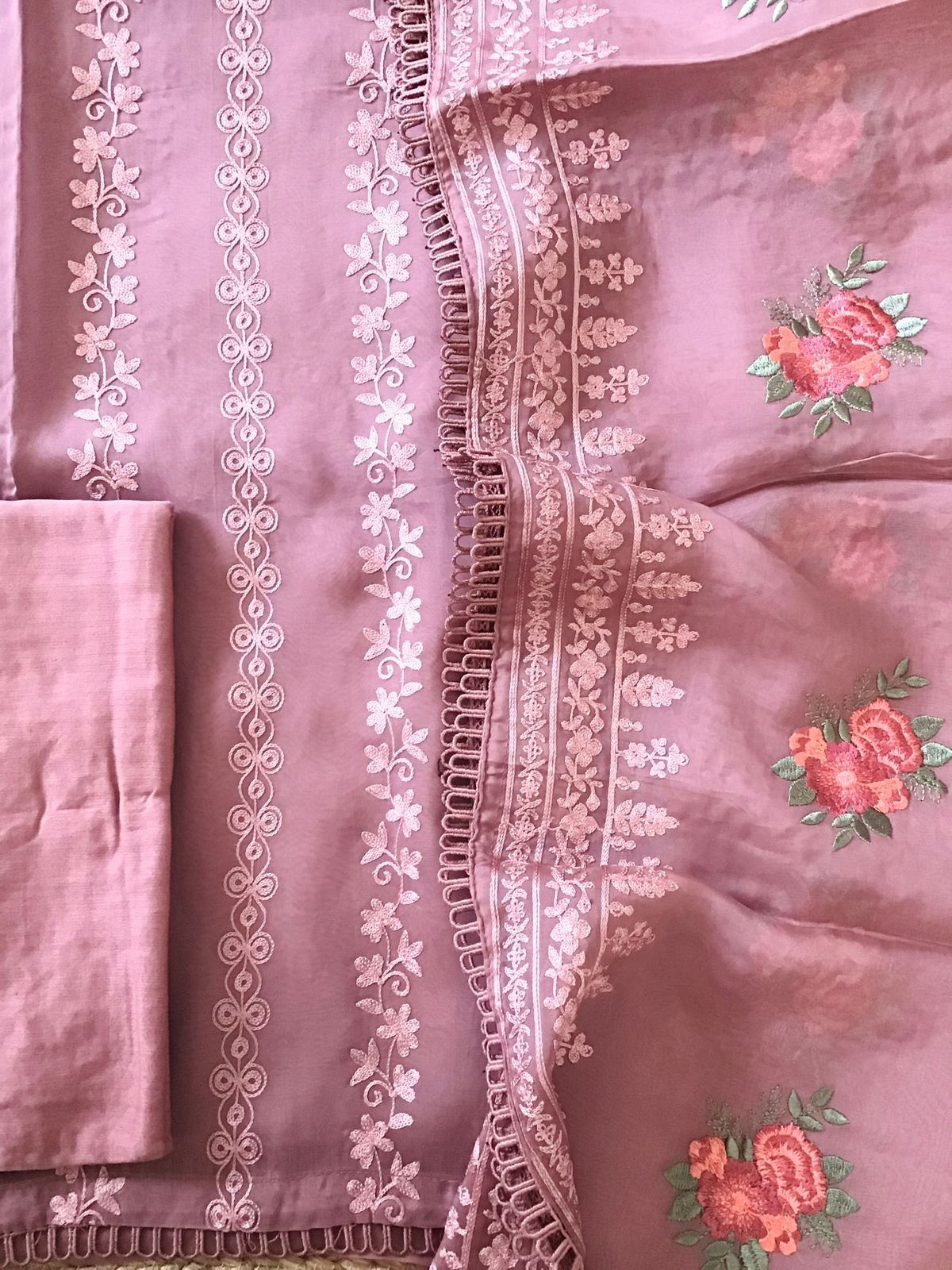 Pure Organza Embroidered Suit - Onion Pink