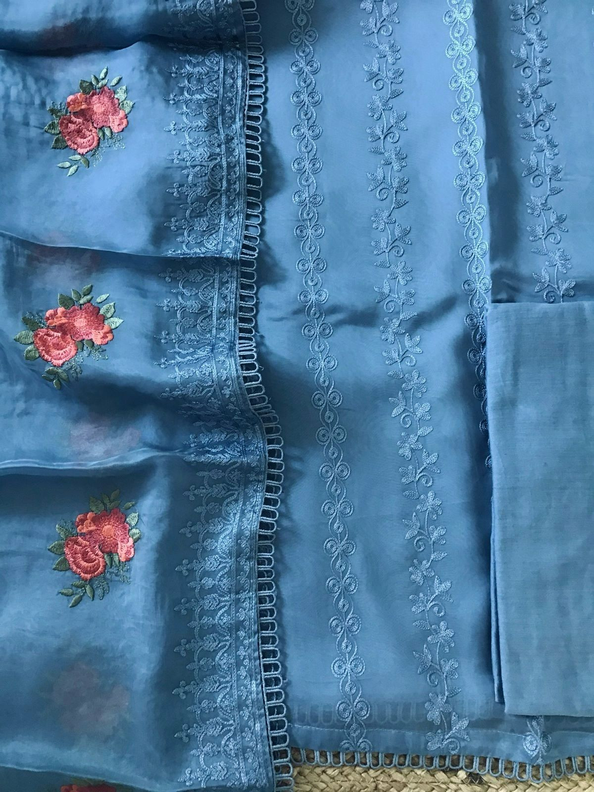 Pure Organza Embroidered Suit - Blue