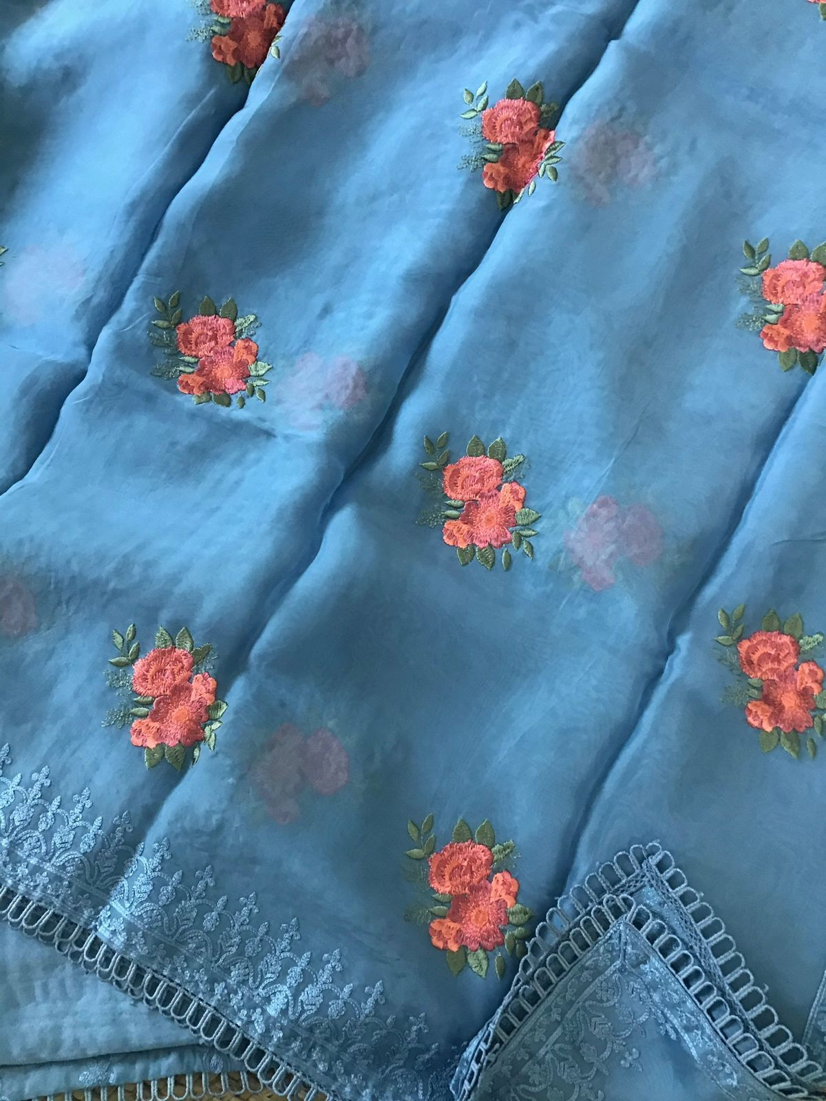 Pure Organza Embroidered Suit - Blue