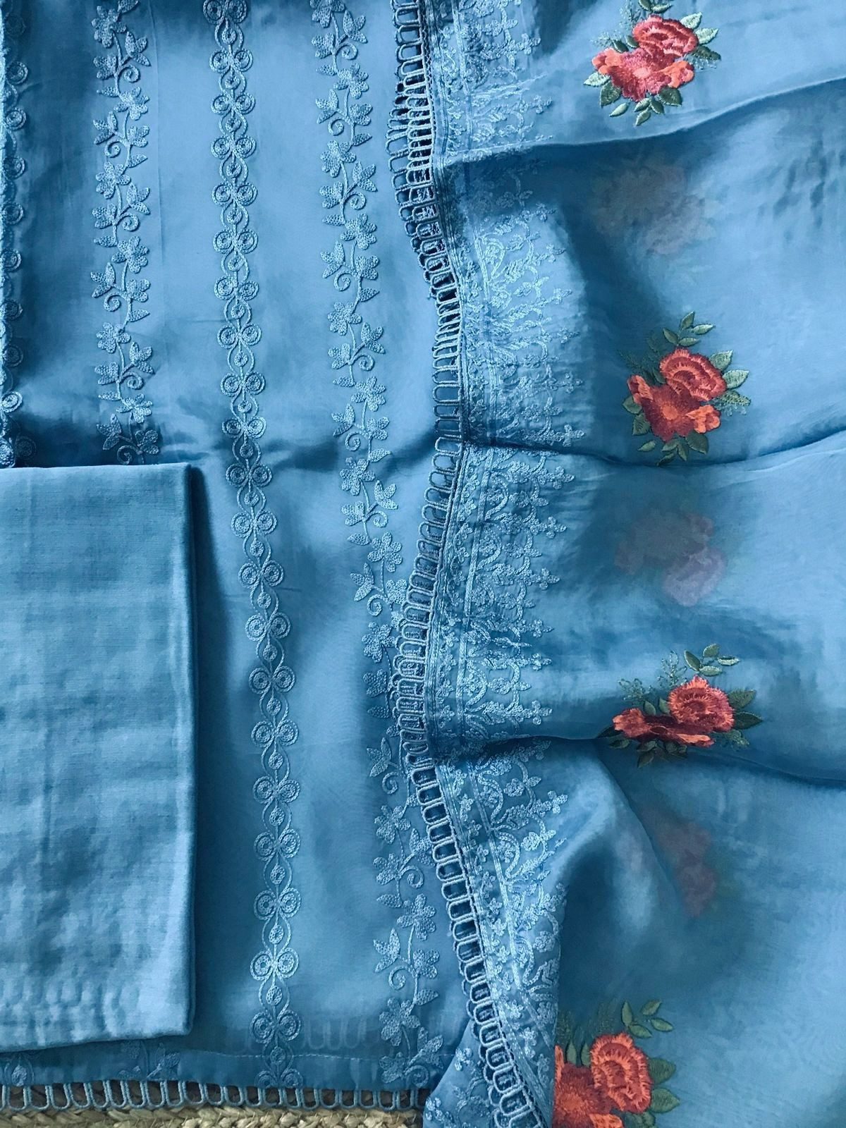 Pure Organza Embroidered Suit - Blue