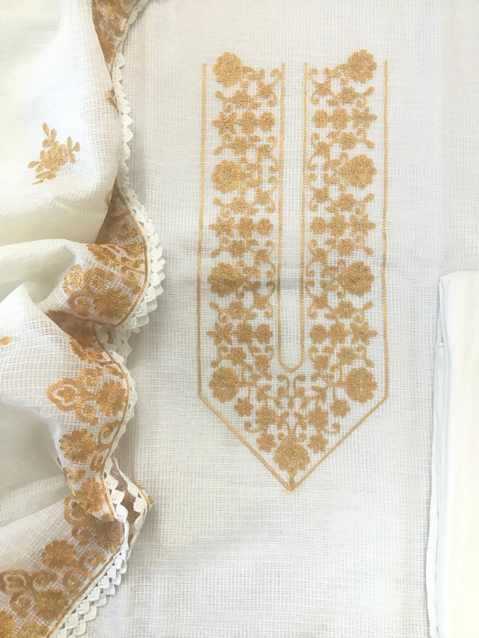 Pure Kota Silk Embroidered Suit - Offwhite