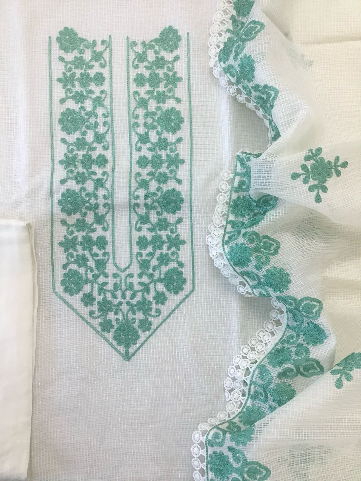 Pure Kota Silk Embroidered Suit - Offwhite