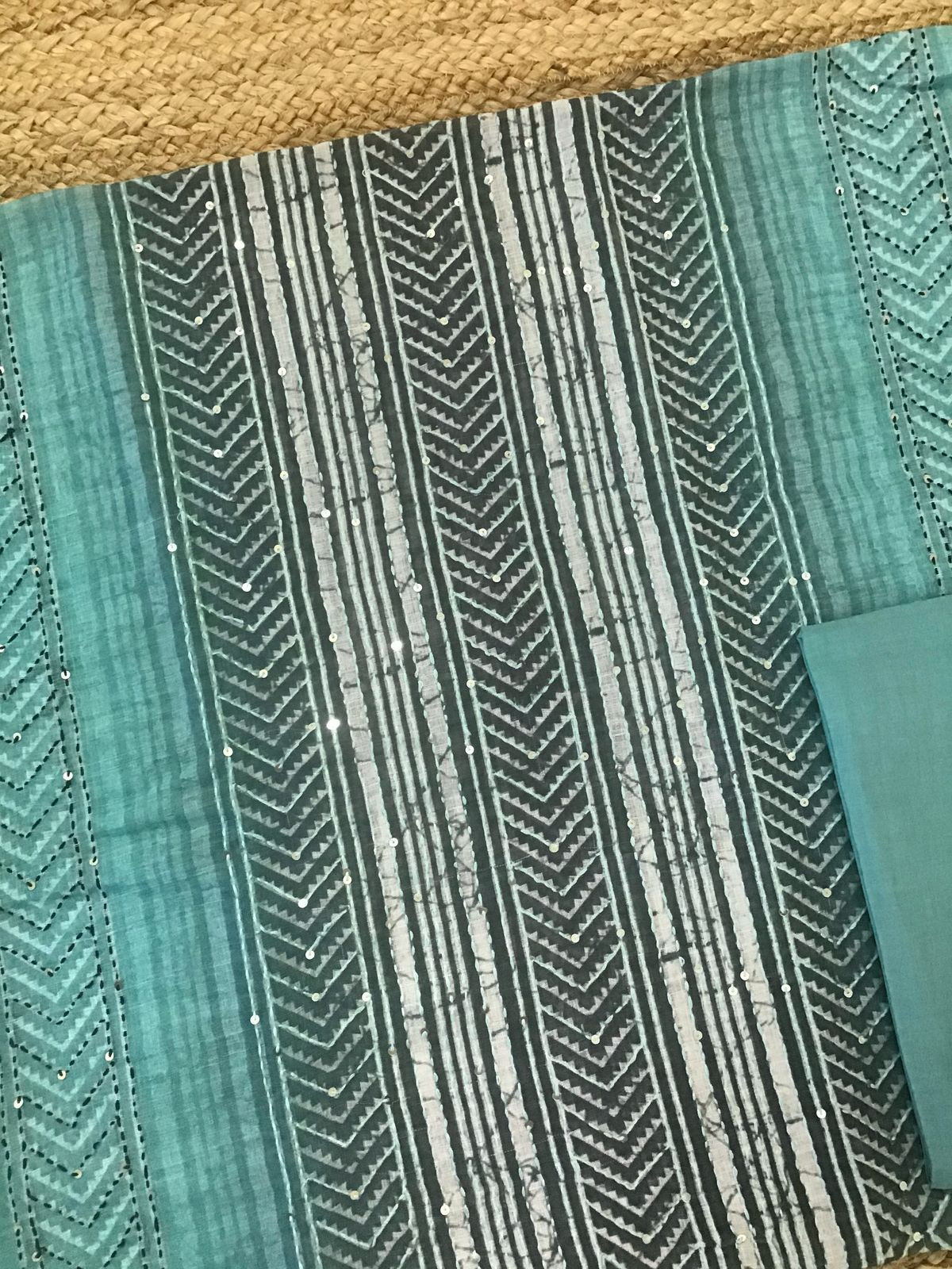 Soft Semi Jute Cotton Printed Embroidered Suit - Green